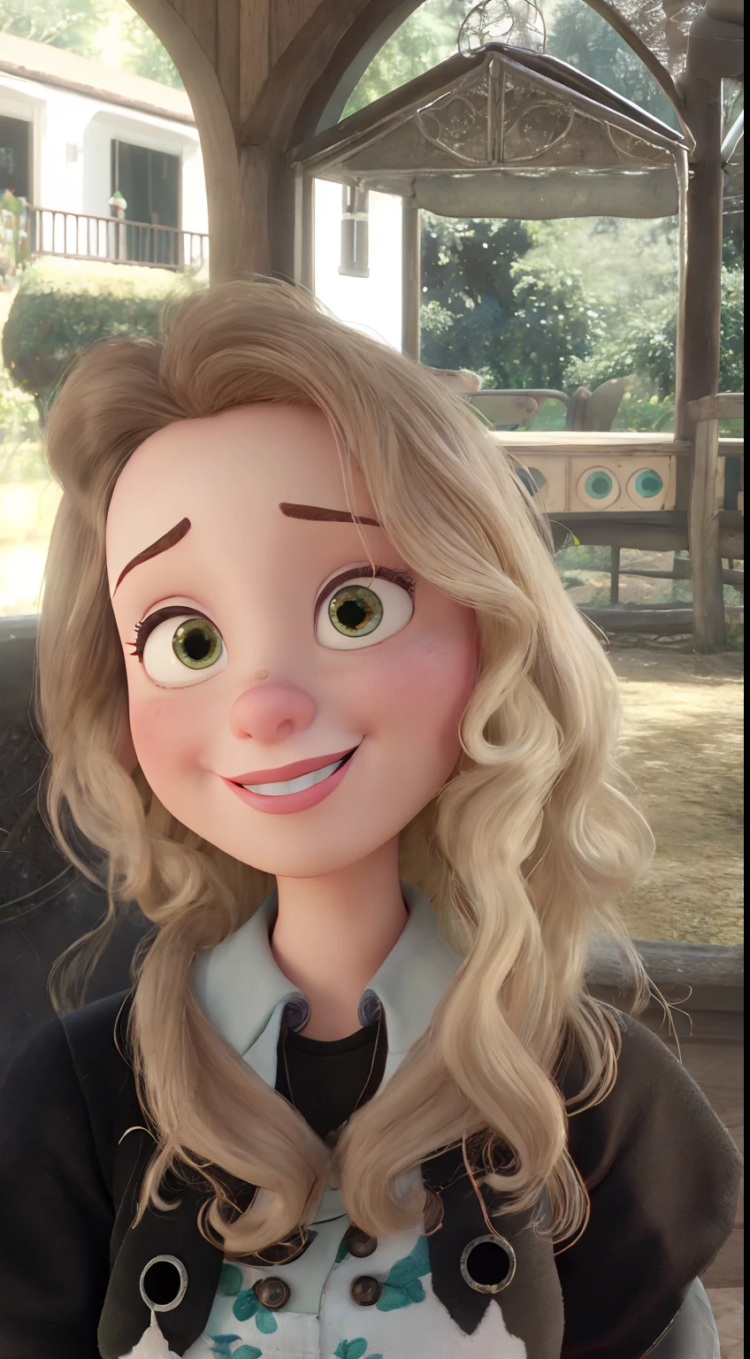 Loura de 50 anos feliz na floresta estilo dysney pixar melhor qualidade alta qualidade