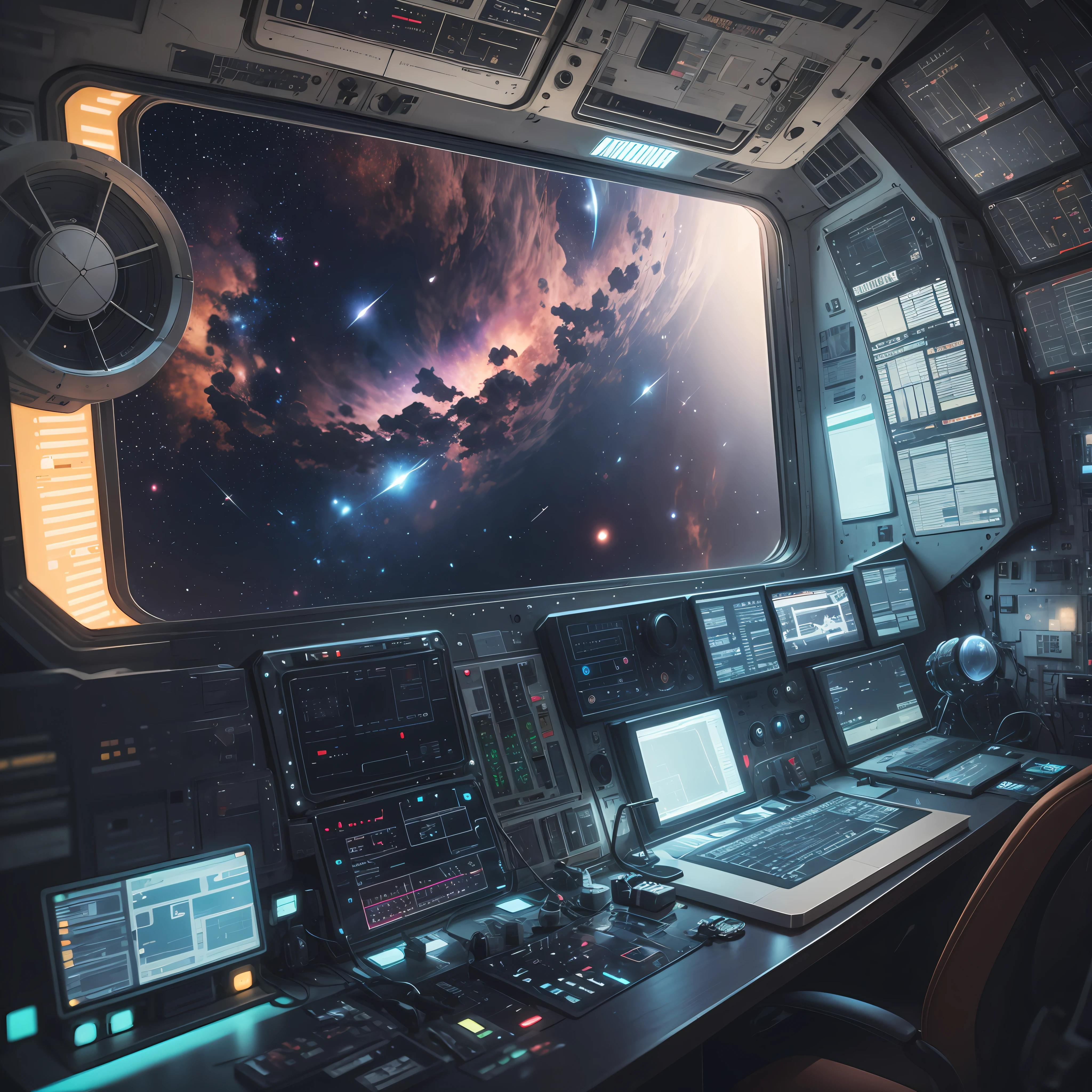 a space pilot observing the old control panel of his spacecraft, realistic image, HD, size 1920 x 1080 px, 4k --auto --s2