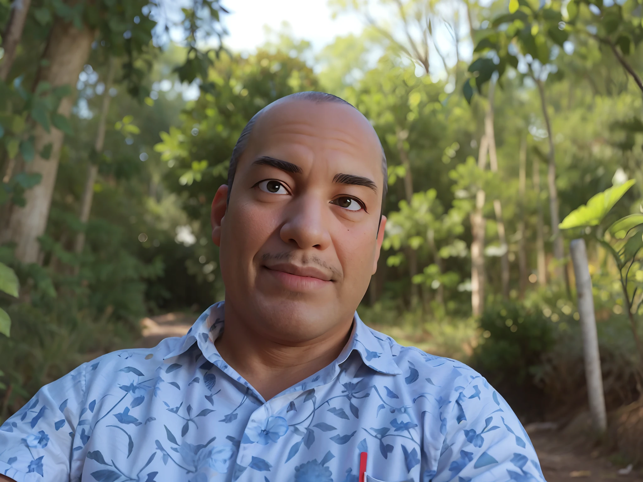 There's a man who's sitting in the woods with a cell phone, em frente a um fundo de floresta