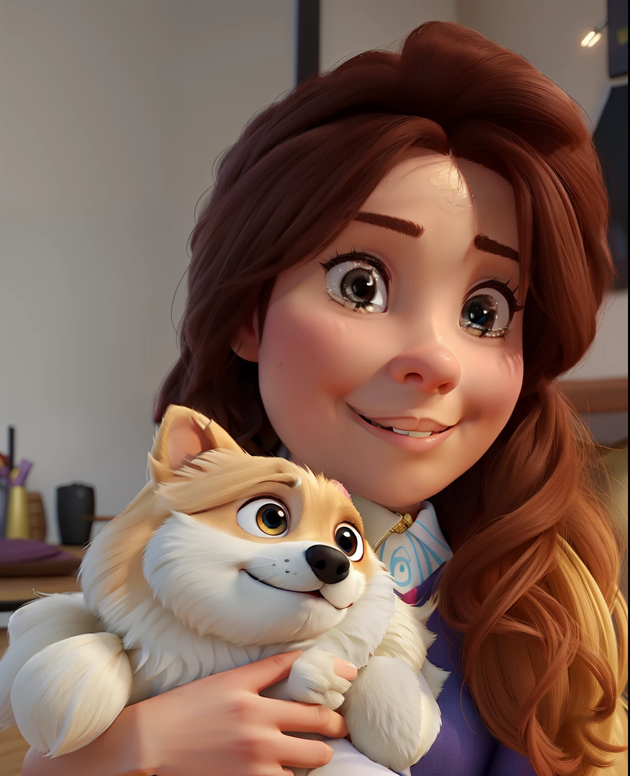 a woman pixar style holding a pomerania dog