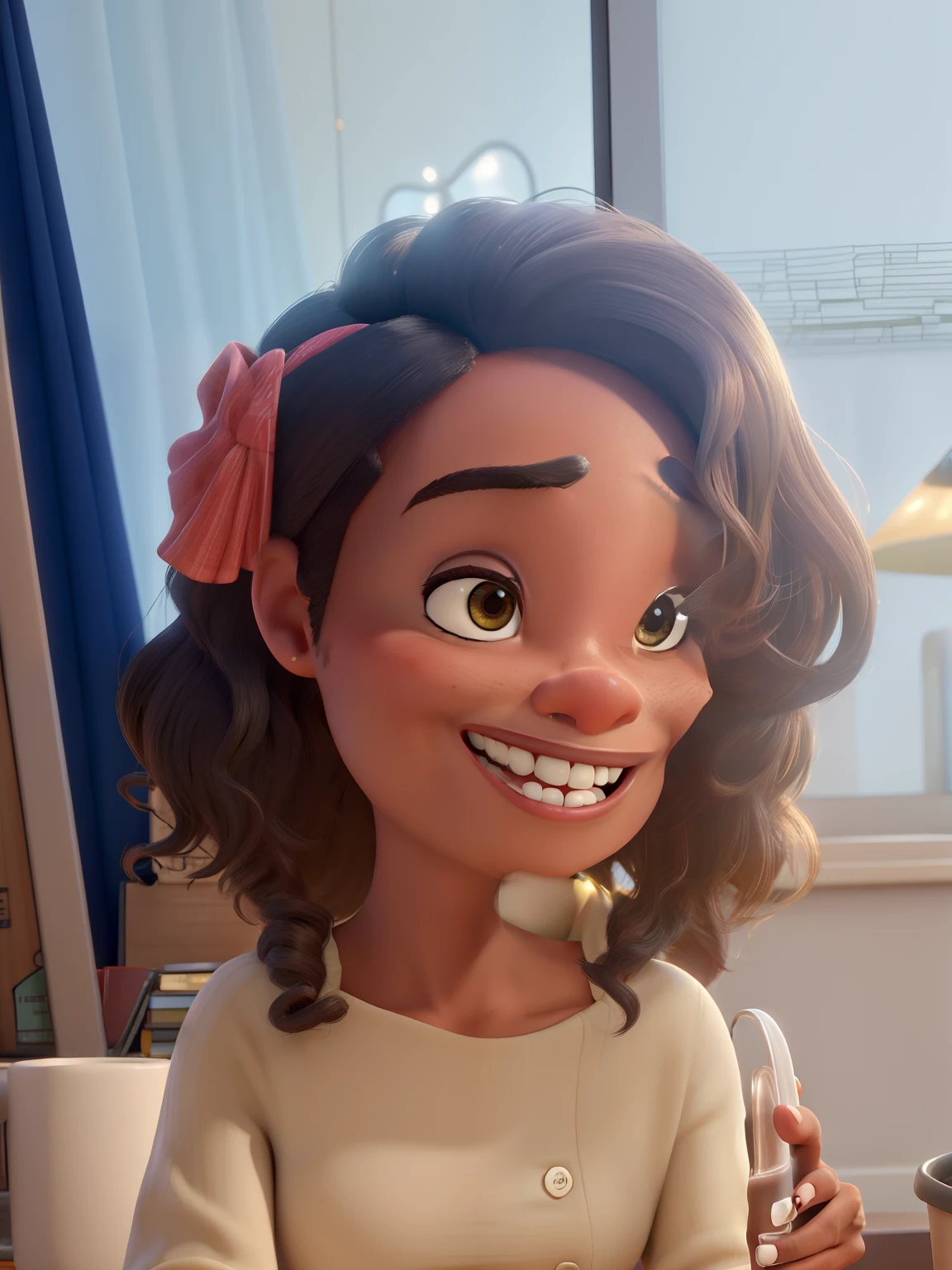 crie uma imagem estilo pixar 3D
mulher de 32 anos negra, cabelo castanho cacheado, olhos escuros, without glasses
She's laughing out loud holding a mug in her right hand sitting behind the desk
Bookshelf scenery