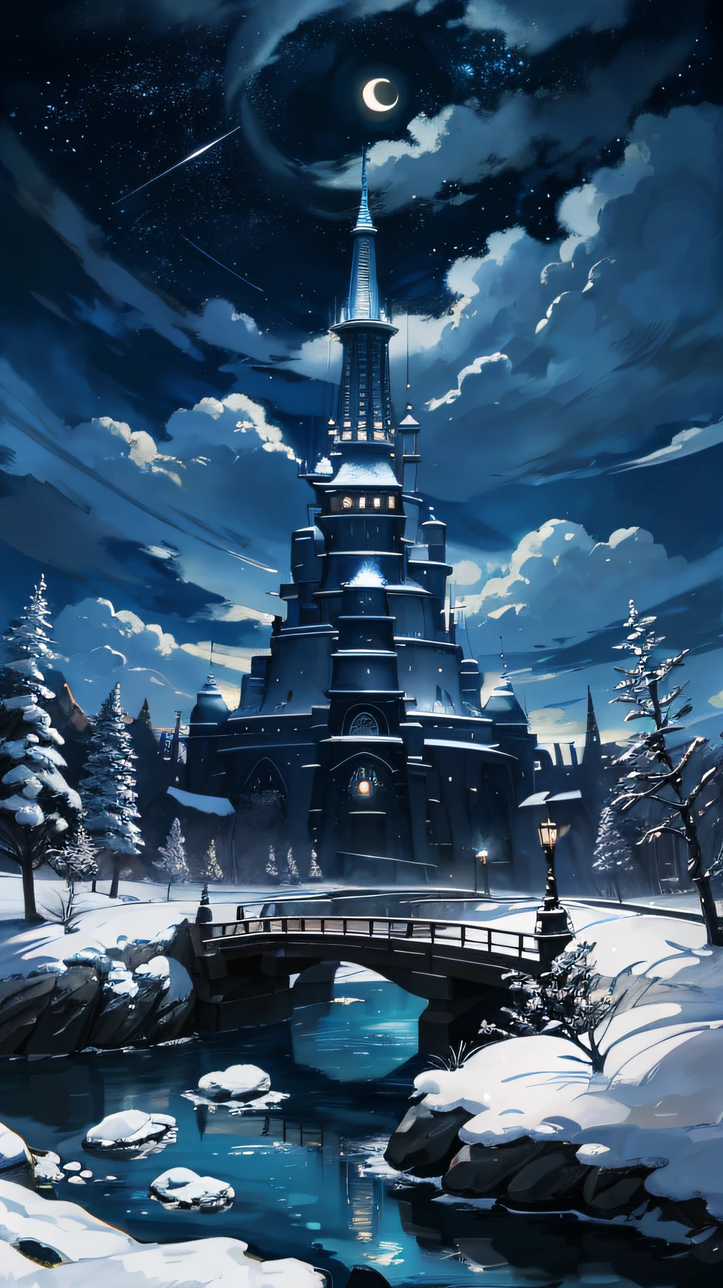 A painting of a river with stars and moon in the sky,The concept art was inspired by Tosa Mitsuoki,Pixiv competition winner,best qualtiy,Fantasyart,beautiful anime scenes,Ice Age,A bright moon,Starry sky environment in moonlight,Dream painting,Anime background art,dream scenery art,Fantastic night, anime backgrounds, background artwork, dreamlike art, Atmospheric anime, starrysky,Detail Enhancement。