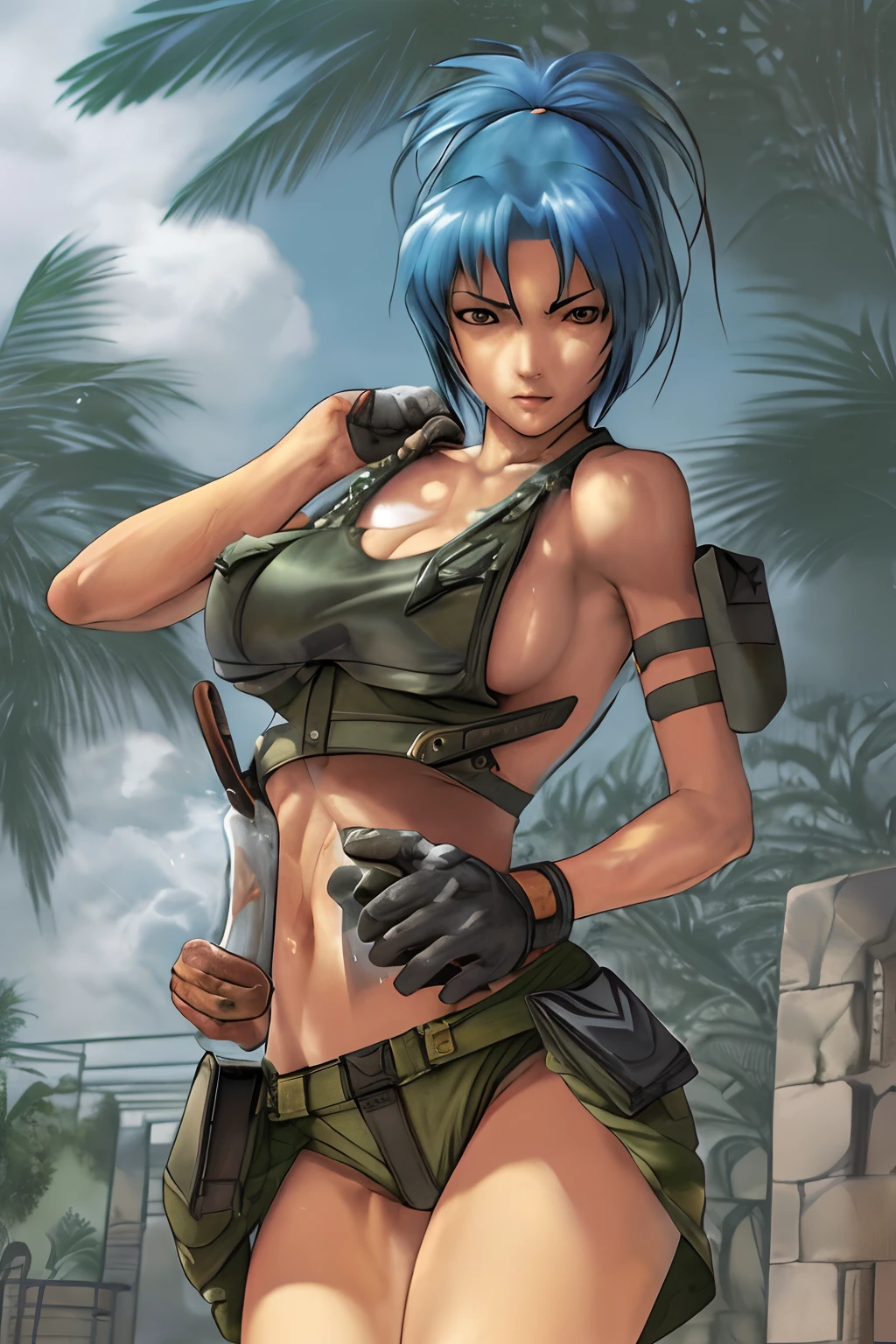 Best quality, masterpiece, naked, serious, sexy pose, Cammo, Sun, hot, dessert, wetting, water,tactical vest, neckline, warfare, leona from the king of fighters, anime, savage.