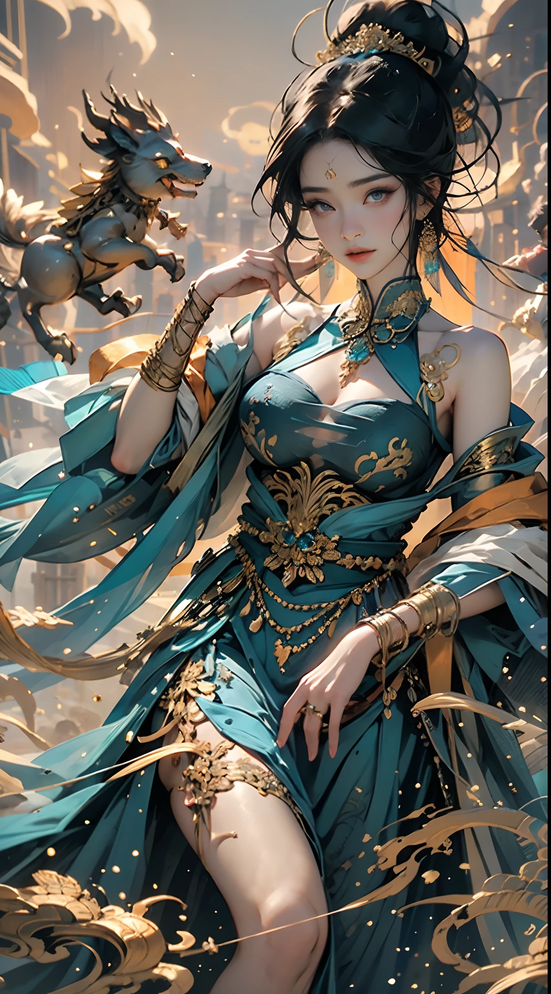 Describe the mythical story of Nuwa repairing the sky,Chinese mythology and stories,She smelted the five-colored stone to mend the sky;Stopped the monstrous floods。Deep background,absurderes,Fantastic and incredible,Epic composition,(Complicated details,Hyper-detailing:1.2),Ultra photo realsisim, epic realistic, ((com cores neutras)),(pastel colour:1.2), Hyper-realistic, + cinema shot + Dynamic composition, Incredibly detailed, Sharpen, Cinematic, warm lights, Light effect, Dramaticlight, (Intricate details:1.1), the complex background, (greg rutkovsky:0.8), (Teal and orange:0.3),Epic, elegant,elegant,(intricate ornament:1.1),The image of the Great Goddess,