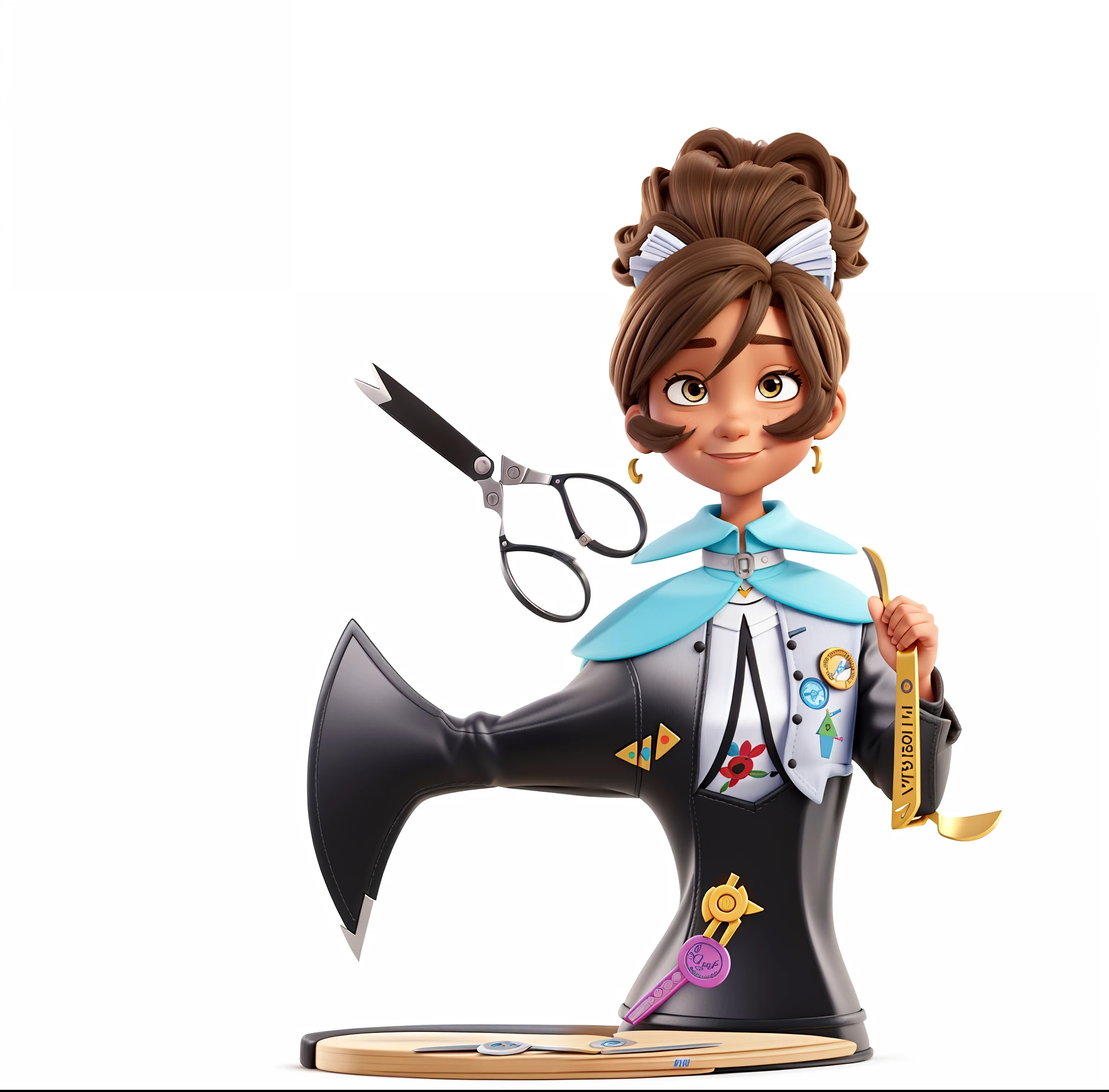 Uma mulher de cabelos negros, sentada em cima de uma maquina de costura,Holding a pair of scissors in your hand, estilo Disney Pixar, alta qualidade, melhor qualidade.