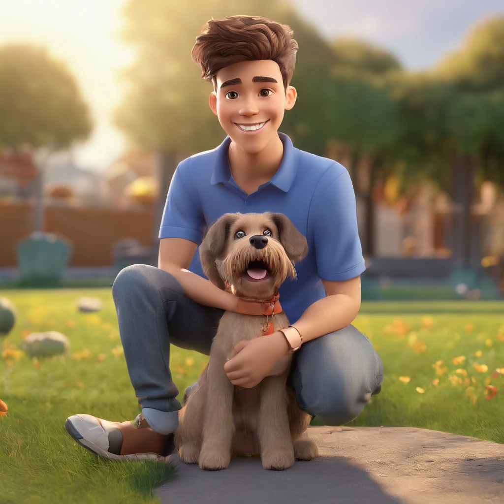 Lucas is a smiling -yeld hu boy, com seu fiel amigo, Bolt, o cachorro schnauzer, deitados no jardim