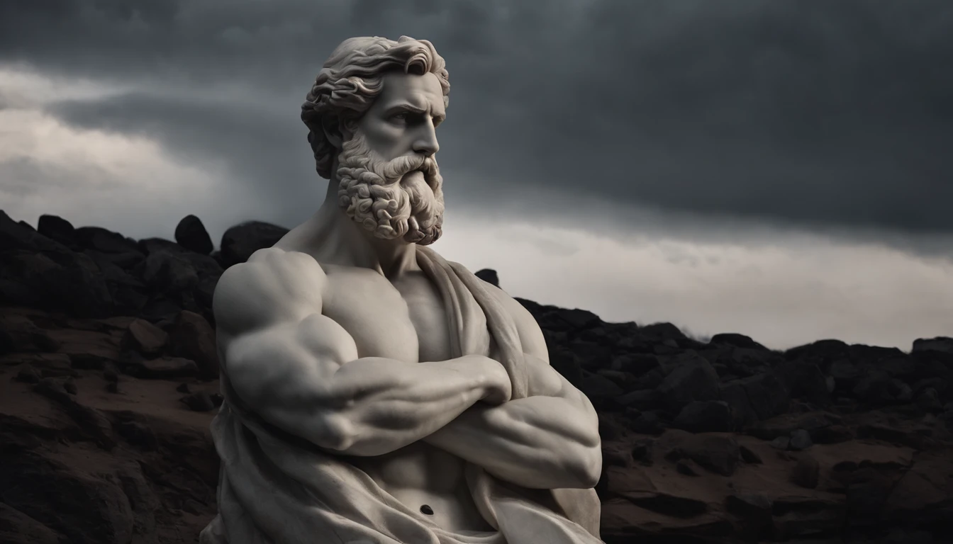 A white marble statue of a muscle, Bearded man with a stern look in a dark square at night, in the style of photographers Annie Leibovitz and Peter Lindbergh.