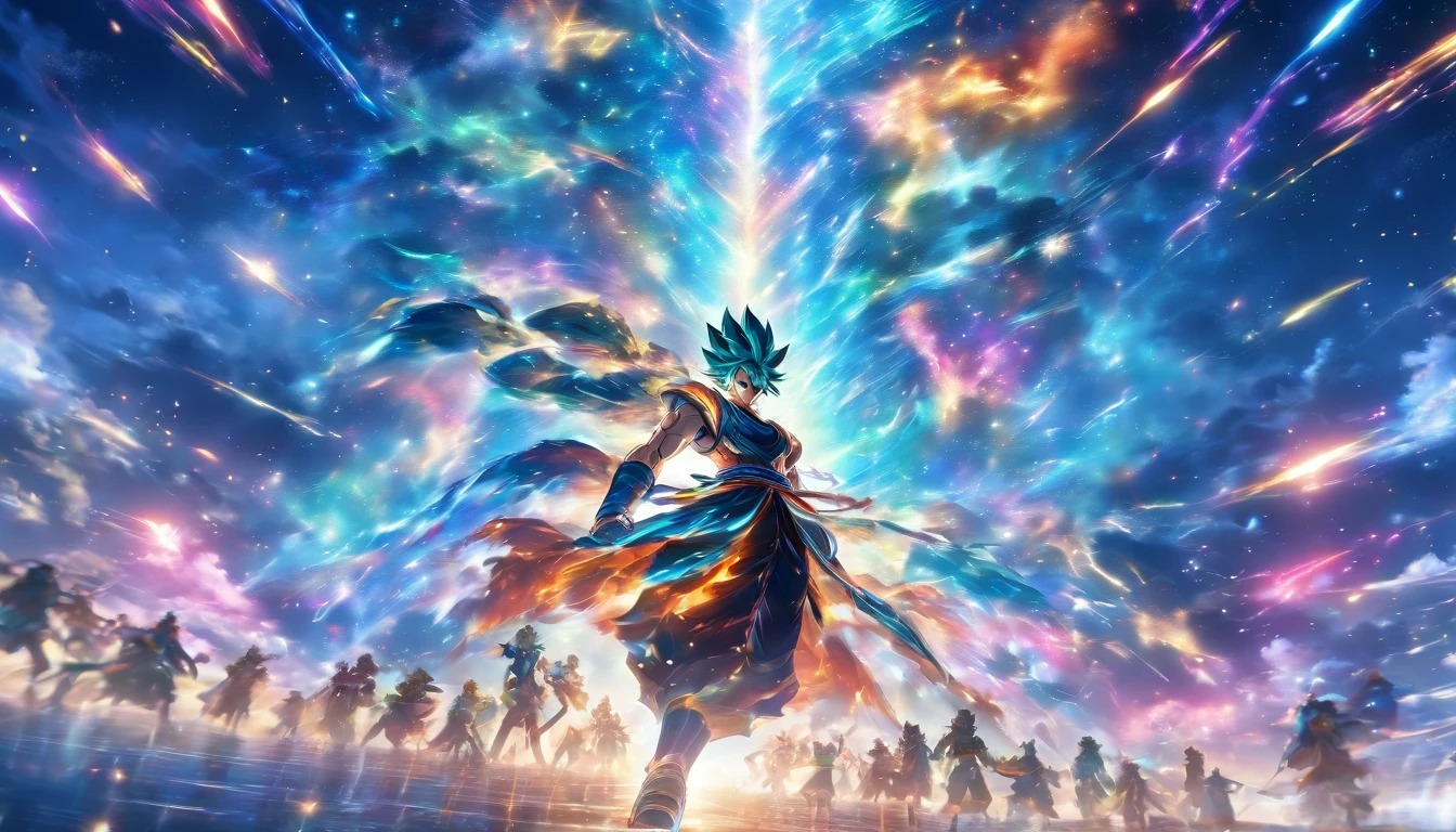 (Highly detailed, vibrant colors), (best quality, 4K, a high-resolution), mobile warriors sprint under the starry sky, leaving vibrant footprints in the starry night scene The symbolic significance of infinite energy and infinite potential Energy movement and dynamic composition, dreamy atmosphere, dazzling effects, and glowing light stripes The dramatic contrast between strong emotions and a frenzied sprint, the dark sky, and vivid light trajectories Cinematic, epic shots