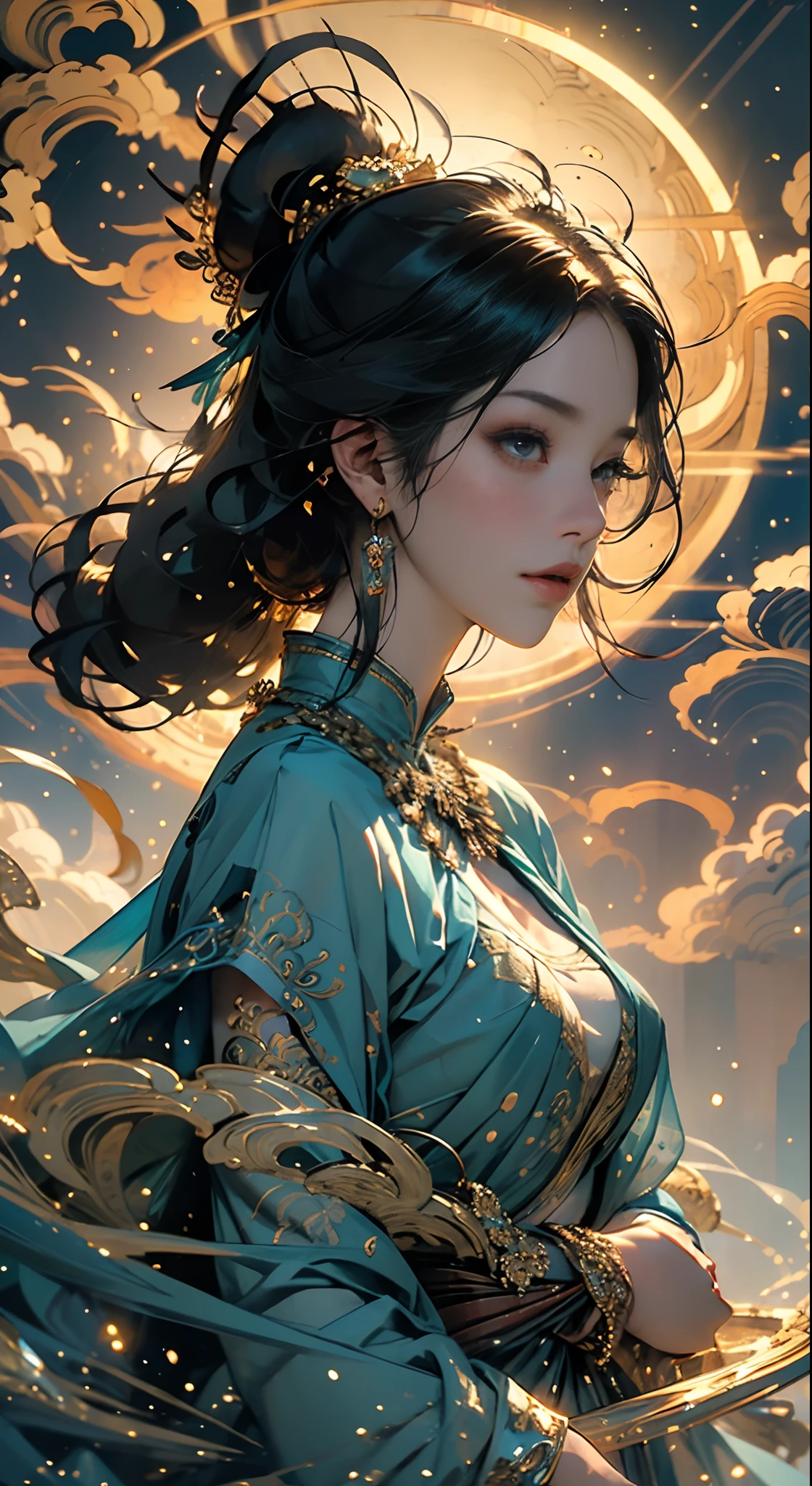 Describe the mythical story of Nuwa repairing the sky,Chinese mythology and stories,She smelted the five-colored stone to mend the sky;Stopped the monstrous floods。Deep background,absurderes,Fantastic and incredible,Epic composition,(Complicated details,Hyper-detailing:1.2),Ultra photo realsisim, epic realistic, ((com cores neutras)),(pastel colour:1.2), Hyper-realistic, + cinema shot + Dynamic composition, Incredibly detailed, Sharpen, Cinematic, warm lights, Light effect, Dramaticlight, (Intricate details:1.1), the complex background, (greg rutkovsky:0.8), (Teal and orange:0.3),Epic, elegant,elegant,(intricate ornament:1.1),The image of the Great Goddess,