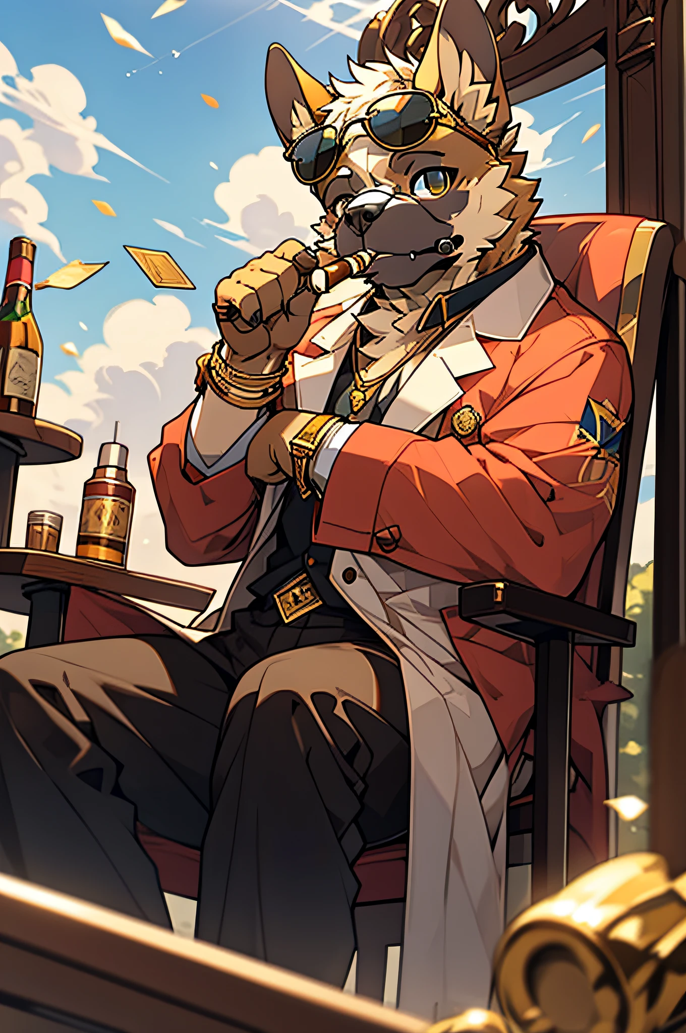 Wear sunglasses、French Bulldog with a Cigar, Sitting on a chair with armrests,Gold coins falling from the sky