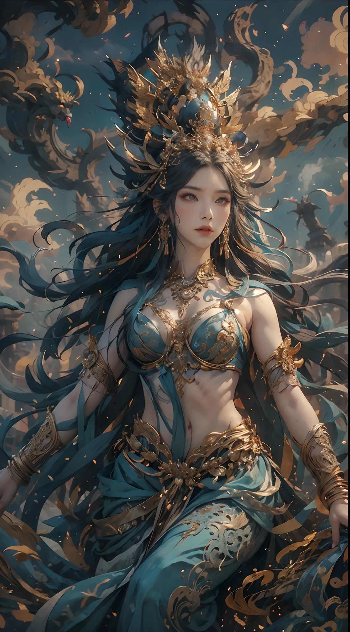 Depict an ancient goddess of creation,Nu wa,She is the goddess of creation in Chinese mythology。This is a great image of the goddess that has been handed down from the matriarchal clan period of primitive society。Deep background,absurderes,Fantastic and incredible,Epic composition,(Complicated details,Hyper-detailing:1.2),Ultra photo realsisim, epic realistic, ((com cores neutras)),(pastel colour:1.2), Hyper-realistic, + cinema shot + Dynamic composition, Incredibly detailed, Sharpen, Cinematic, warm lights, Light effect, Dramaticlight, (Intricate details:1.1), the complex background, (greg rutkovsky:0.8), (Teal and orange:0.3)Epic, Detailed face, Detailed eyes,fully body photo,Fly in the sky,graceful stance,correct hand,(Intricate and intricate parts:1.1),Barefoot,The image of the Great Goddess,