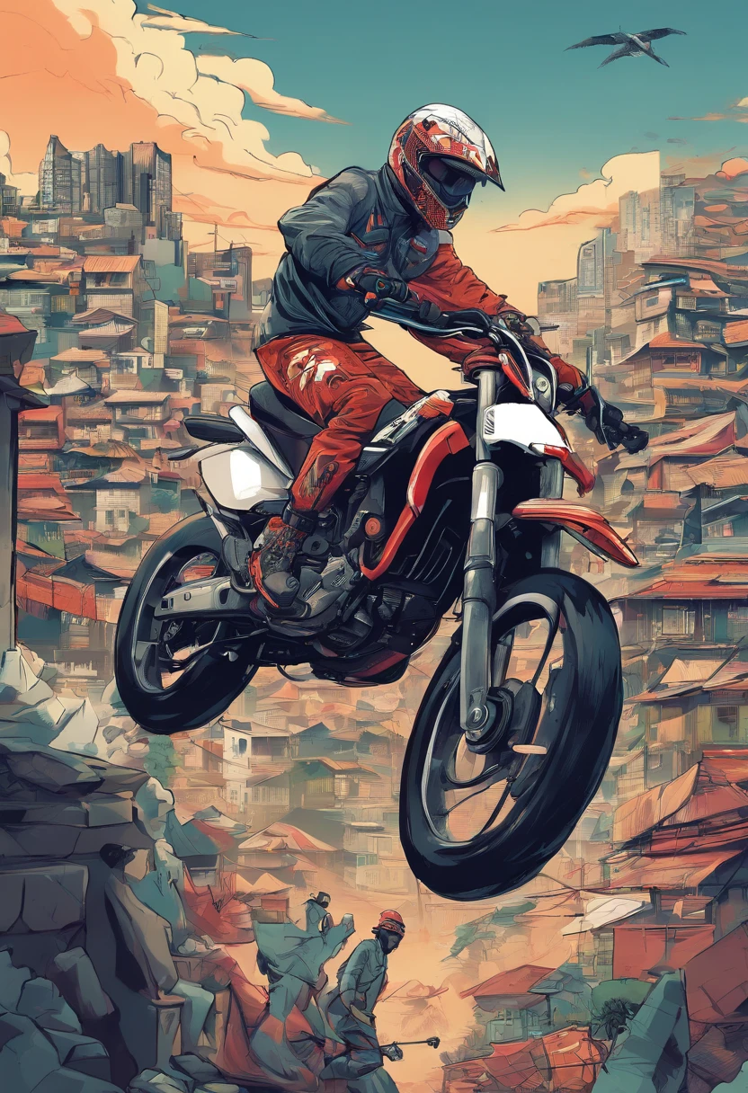 Homem fazendo um Wheelie em uma motocicleta na favela, Wheelie, insane action pose, Posar extrema, Epic Angle and Pose, pilotando uma motocicleta, Action sports, Stunning action poses, muito legal a Posar, epic action pose, Posar, foto do perfil um homem carioca, com o corpo tatuado, com a camisa do flamengo pilotando sua moto da marca honda XRE, elevando o pneu dianteiro, fazendo uma manobra whille. Ceu azul, mostrando em cima de um complexo de favela, Um beco grafitado na favela do rio de janeiro Brasil