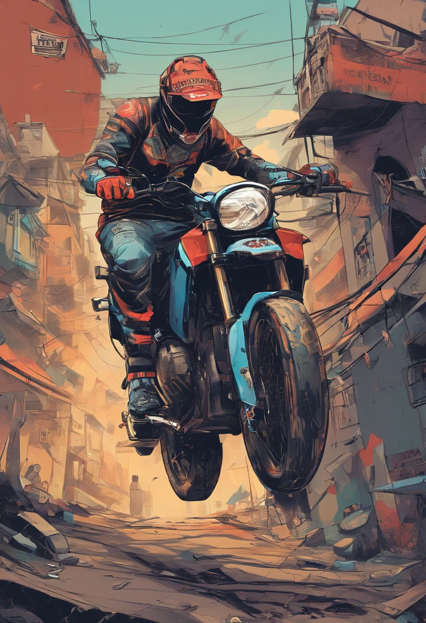Homem fazendo um Wheelie em uma motocicleta na favela, Wheelie, insane action pose, Posar extrema, Epic Angle and Pose, pilotando uma motocicleta, Action sports, Stunning action poses, muito legal a Posar, epic action pose, Posar, foto do perfil um homem carioca, com o corpo tatuado, com a camisa do flamengo pilotando sua moto da marca honda XRE, elevando o pneu dianteiro, fazendo uma manobra whille. Ceu azul, mostrando em cima de um complexo de favela, Um beco grafitado na favela do rio de janeiro Brasil
