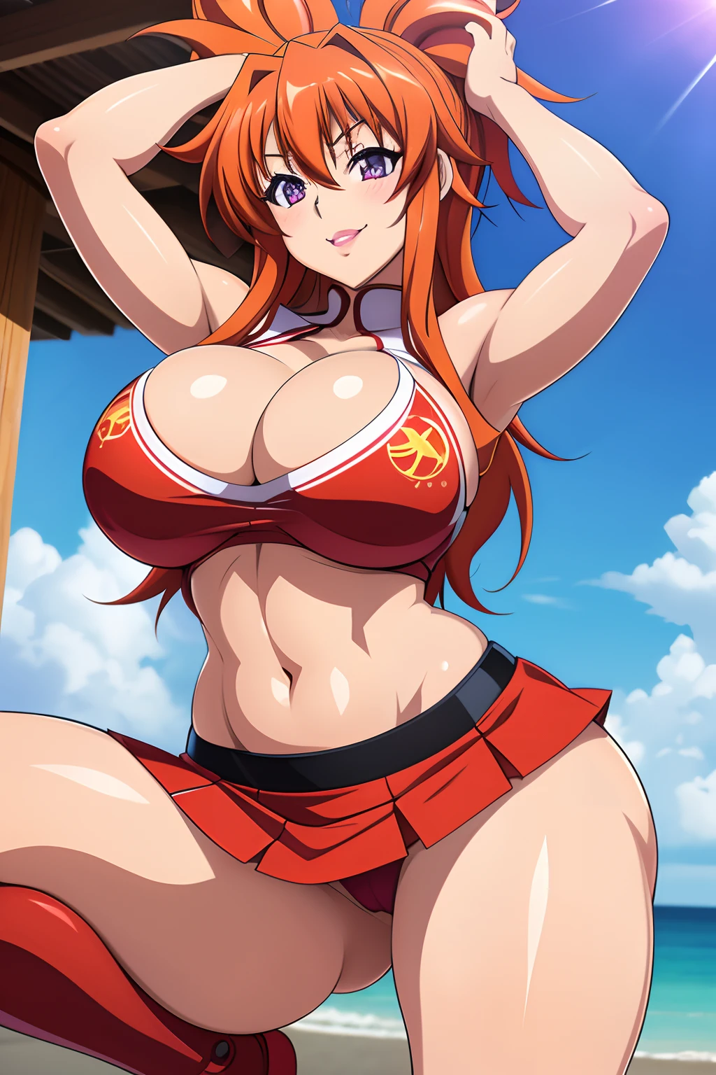 Highschool Dxd, Irina Shidou, 1 girl, ((bimbo))), long orange hair, purple eyes, thick lips, erotic smile face, wide hips, thick thighs, thick, huge breast, huge round ass, oily shiny skin, cheerleader, skirt, arms up, school, sun