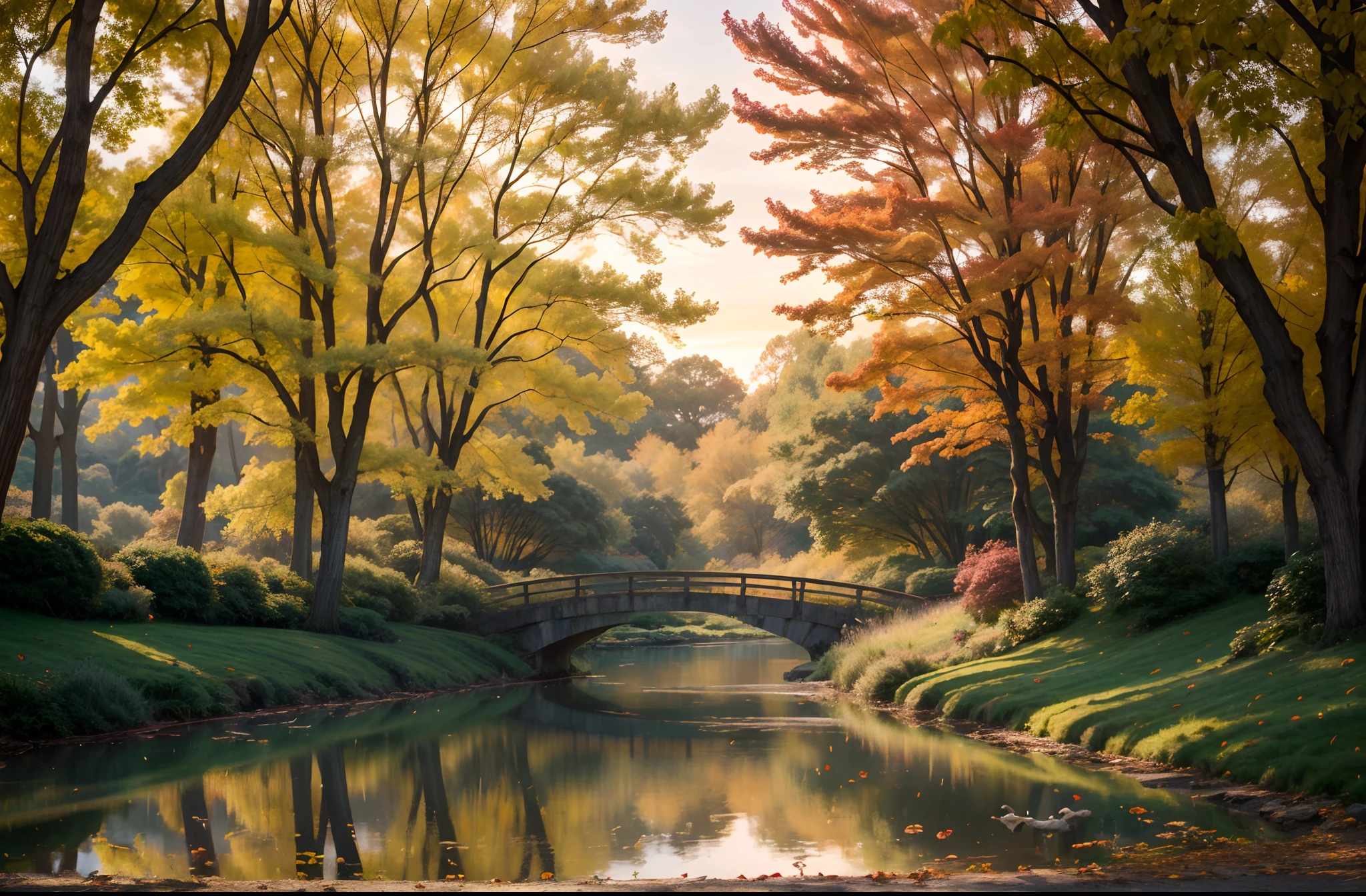 (best quality,4k,8k,highres,masterpiece:1.2),ultra-detailed,(realistic,photorealistic,photo-realistic:1.37),warmtone,landscape,park,autumn,leaves,cheerful atmosphere,gentle sunlight,rustling trees,peaceful setting,serene pond,clear reflections,cozy benches,fallen leaves,pathway through the park,vibrant colors,crimson,orange,yellow,splashes of red and gold,soft breeze,tranquil mood,beautiful sunset,harmony with nature,dreamy ambiance,hint of nostalgia,natural beauty,gentle slopes,rolling hills,towering trees,playful squirrels,whispers of wind,tranquil pond with ducks,unforgettable moments,quiet escape,magical serenity,immersive experience,vivid imagery