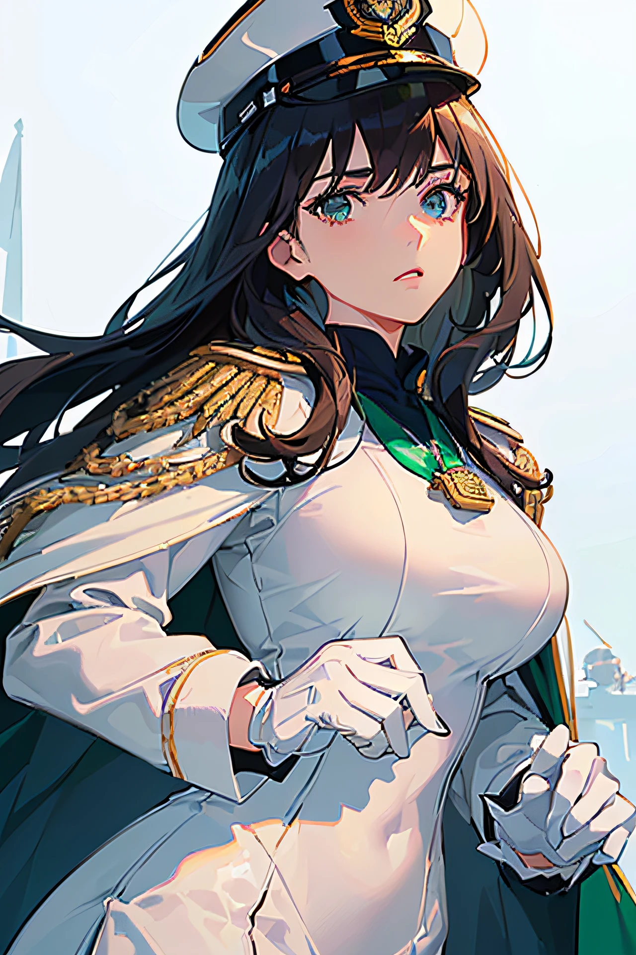 (masterpiece), best quality, expressive eyes, perfect face, (female adult), serious expression, (emerald eyes), (brunette medium hair), (medium breasts), (wearing A navy captain's "Full Dress white Uniform" with full-sized medals, white gloves:1.4), (wearing a white peaked cap:1.2), (wearing a white Navy Officer Uniform Cape:1.2), (standing a snowy battlefield), (side view), (looking at the viewer)
