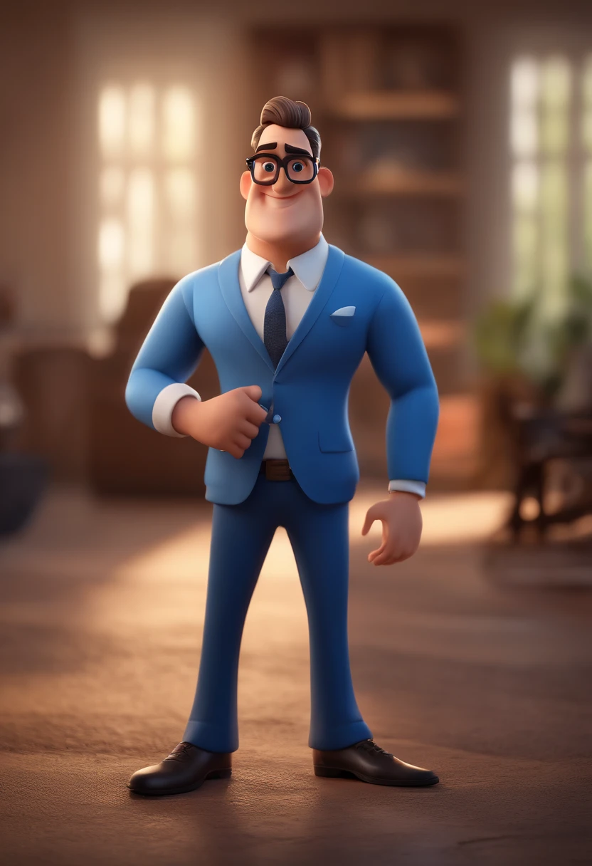 Cartoon character of a man with black glasses and a blue shirt, animation character, Caractere estilizado, animation style rendering, 3D estilizado, Arnold Maya render, 3 d render stylized, toon render keyshot, Personagem 3D, Personagem 3D, 3d rendering stylized, 3 d character render, personagem de desenho animado, Personagem de close up, Pose de personagem,  (Estilo Pixar) (master part:1.2) (Bokeh) (best quality) (pele detalhada) (textura detalhada) (8k) (argila) (Cinematic lighting) (foco nítido