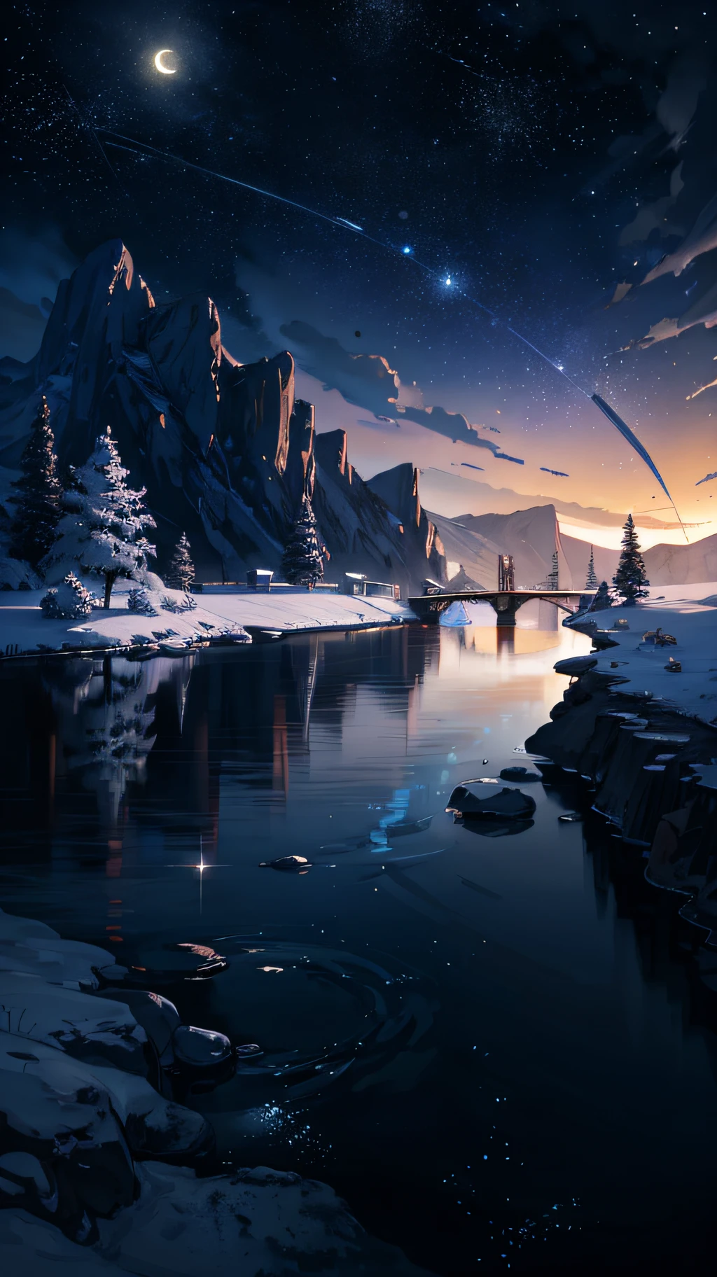 A painting of a river with stars and moon in the sky, concept art inspired by Tosa Mitsuoki, pixiv contest winner, best quality, fantasy art, beautiful anime scene, a bright moon, moonlit starry environment, dream painting, Anime Background Art, Fantasy Landscape Art, Fantasy Night, Anime Background, Background Artwork, Fantastic Art, Atmospheric Anime, Starry Sky, Detail Enhanced.