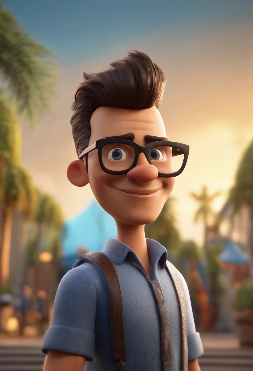 Cartoon character of a man with black glasses, cabelo cacheado marrom escuro e uma camisa azul, animation character, Caractere estilizado, animation style rendering, 3D estilizado, Arnold Maya render, 3 d render stylized, toon render keyshot, Personagem 3D, Personagem 3D, 3d rendering stylized, 3 d character render, personagem de desenho animado, Personagem de close up, Pose de personagem,  (Estilo Pixar) (master part:1.2) (Bokeh) (best quality) (pele detalhada) (textura detalhada) (8k) (argila) (Cinematic lighting) (foco nítido
