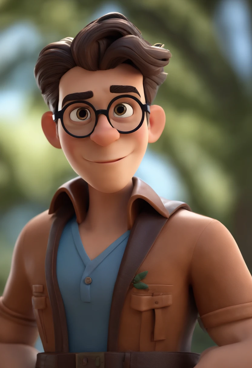 Cartoon character of a man with black glasses, cabelo cacheado marrom escuro e uma camisa azul, animation character, Caractere estilizado, animation style rendering, 3D estilizado, Arnold Maya render, 3 d render stylized, toon render keyshot, Personagem 3D, Personagem 3D, 3d rendering stylized, 3 d character render, personagem de desenho animado, Personagem de close up, Pose de personagem,  (Estilo Pixar) (master part:1.2) (Bokeh) (best quality) (pele detalhada) (textura detalhada) (8k) (argila) (Cinematic lighting) (foco nítido