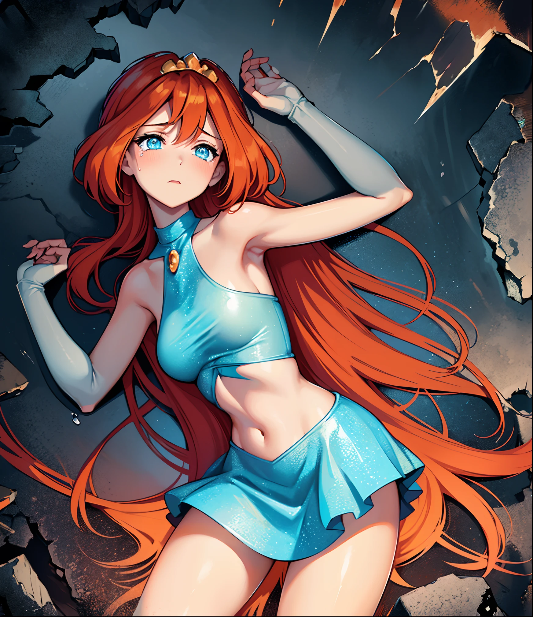 Bloom has passed out from a severe beating by a large troll monster, collapsing into a heap on the dark and jagged cave ground. The monster has caused large scratches on her body and tears in her clothes; Bloom lies helplessly torpid and inert unable to defend herself from the future assault. (Bloom) (orange hair, blue closed eyes, bangs, long sliced hair, frail weak body, dainty arms, slender legs) (Fairy Outfit) (ripped blue croptop, well-endowed chest, sleeveless, mini blue skirt with tears, exposed midriff, sparkling clothing, wings, tiara), good hands, perfect hands:1, (Bloom torpid and defeated in a large crack:1.3), (ripped off and messy long orange hair and bangs:1.2), (detailed scratched face and skin:1.1), (small scratches all over Bloom's skin:1.1), (dark monochrome lightning, brown & gray cave floor, red stains, spikes everywhere:1.2), (Bloom is lieing on her back, crumpled and torpid in large crack in cave floor:1.5), (anime style: 1.1), (full-body-shot:1), (Cowboy-shot:1.2), (Close-up on Bloom:1), dynamic crumpled & torpid pose:1.3, (solo, one person, 1girl:1.5),