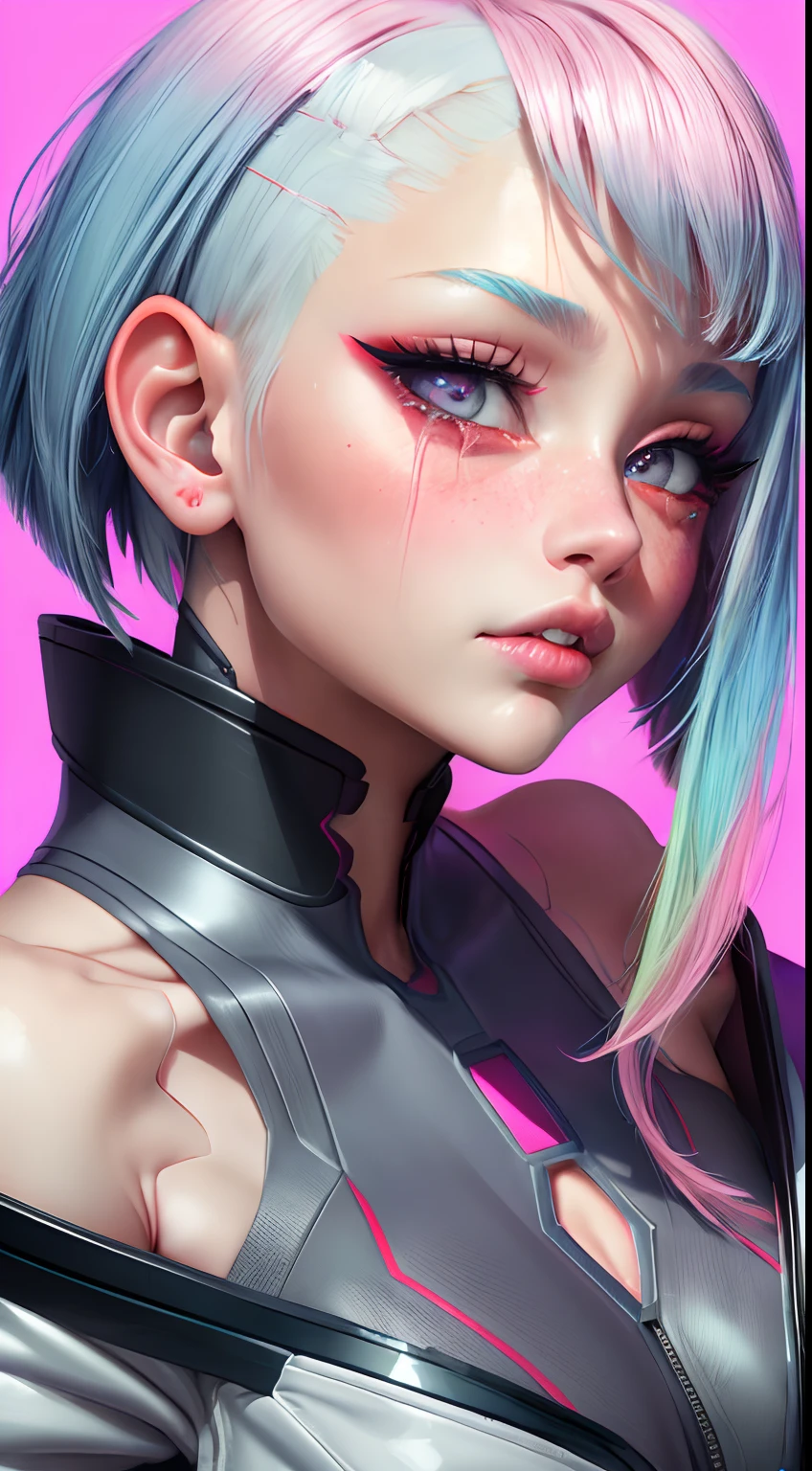 ((hyper realism)), fisheye photo, lucy \(cyberpunk\), 1girl, (((side view))) perfect model face, oval face, sharp chin, sharp small nose, glossy nose tip, glossy blush cheeks, (((emberressed blushing face expression))), ((eye bags)), bangs, cleavage, blue hair, colored tips, grey eyes, jacket, long sleeves, looking at viewer, medium hair, face portrait, multicolored hair, thick thighs, big breasts, hair flying upwards, parted lips, parted bangs, eyes open, pink hair, portrait, red eyeliner, full glossy lips, solo, white jacket, cyberpunk \(series\), cyberpunk edgerunners, (ahegao:1.1), saliva, drool, tears, masterpiece