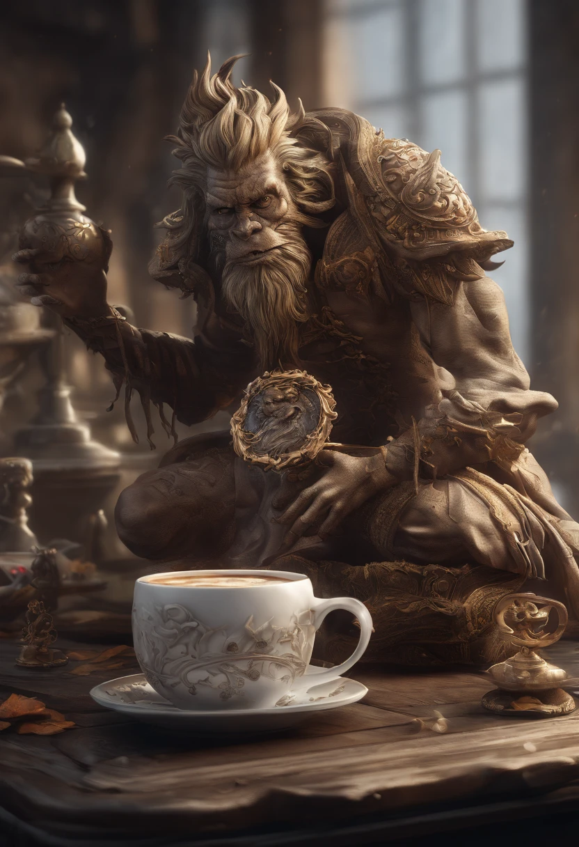 （（best qualtiy，ultra-detailed CG image，tmasterpiece））， Create stunning artwork，Flame and Monkey King on a cup of coffee， , Hot coffee,  , highly detailed digital artwork, Burning Reaper, Highly detailed digital art, Detailed digital 3D art, high detal, Amazing, Renders, author：Eddie Mendoza, Zombie coffee logo, amazing photorealistic graphics