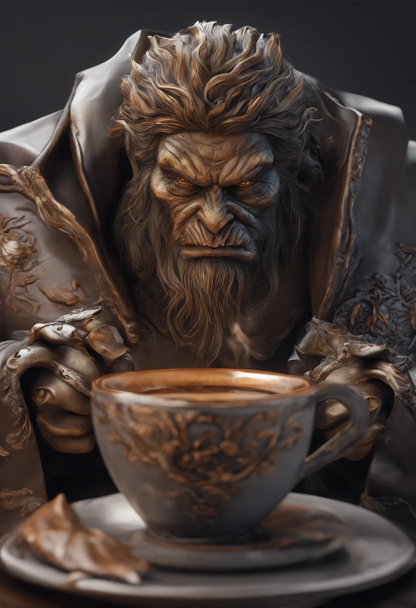 ((best qualtiy,ultra-detailed CG image,tmasterpiece)), Create stunning artwork,Flame and Monkey King on a cup of coffee, , Hot coffee, , highly detailed digital artwork, Burning Reaper, Highly detailed digital art, Detailed digital 3D art, high detal, Amazing, Renders, author:Eddie Mendoza, Zombie coffee logo, amazing photorealistic graphics
