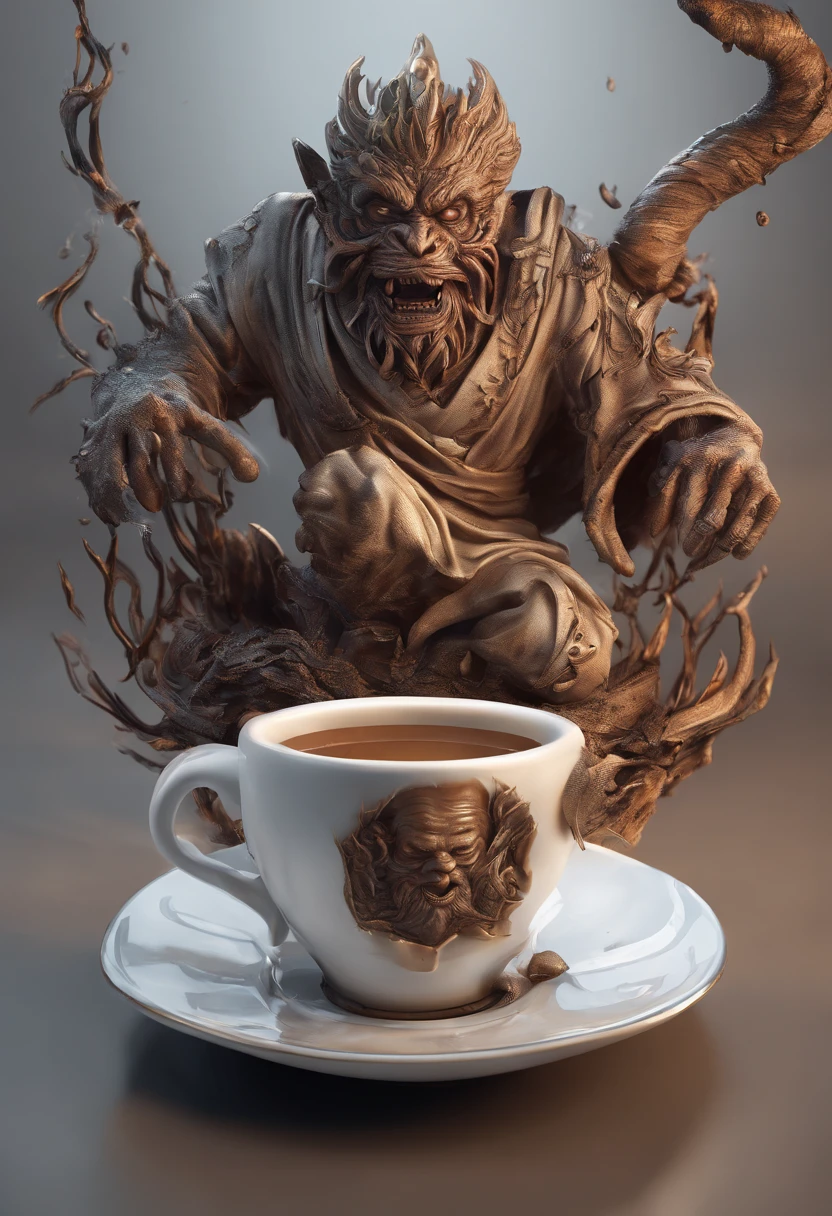 ((best qualtiy,ultra-detailed CG image,tmasterpiece)), Create stunning artwork,Flame and Monkey King on a cup of coffee, , Hot coffee, , highly detailed digital artwork, Burning Reaper, Highly detailed digital art, Detailed digital 3D art, high detal, Amazing, Renders, author:Eddie Mendoza, Zombie coffee logo, amazing photorealistic graphics
