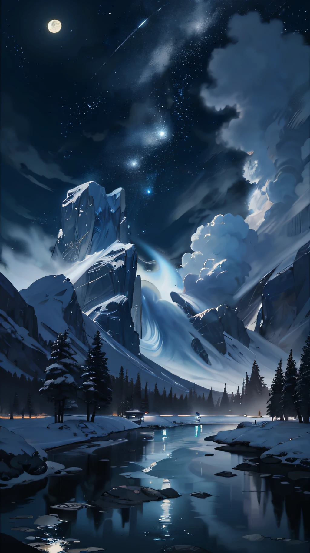A painting of a river with stars and moon in the sky, concept art inspired by Tosa Mitsuoki, pixiv contest winner, best quality, fantasy art, beautiful anime scene, a bright moon, moonlit starry environment, dream painting, Anime Background Art, Fantasy Landscape Art, Fantasy Night, Anime Background, Background Artwork, Fantastic Art, Atmospheric Anime, Starry Sky, Detail Enhanced.