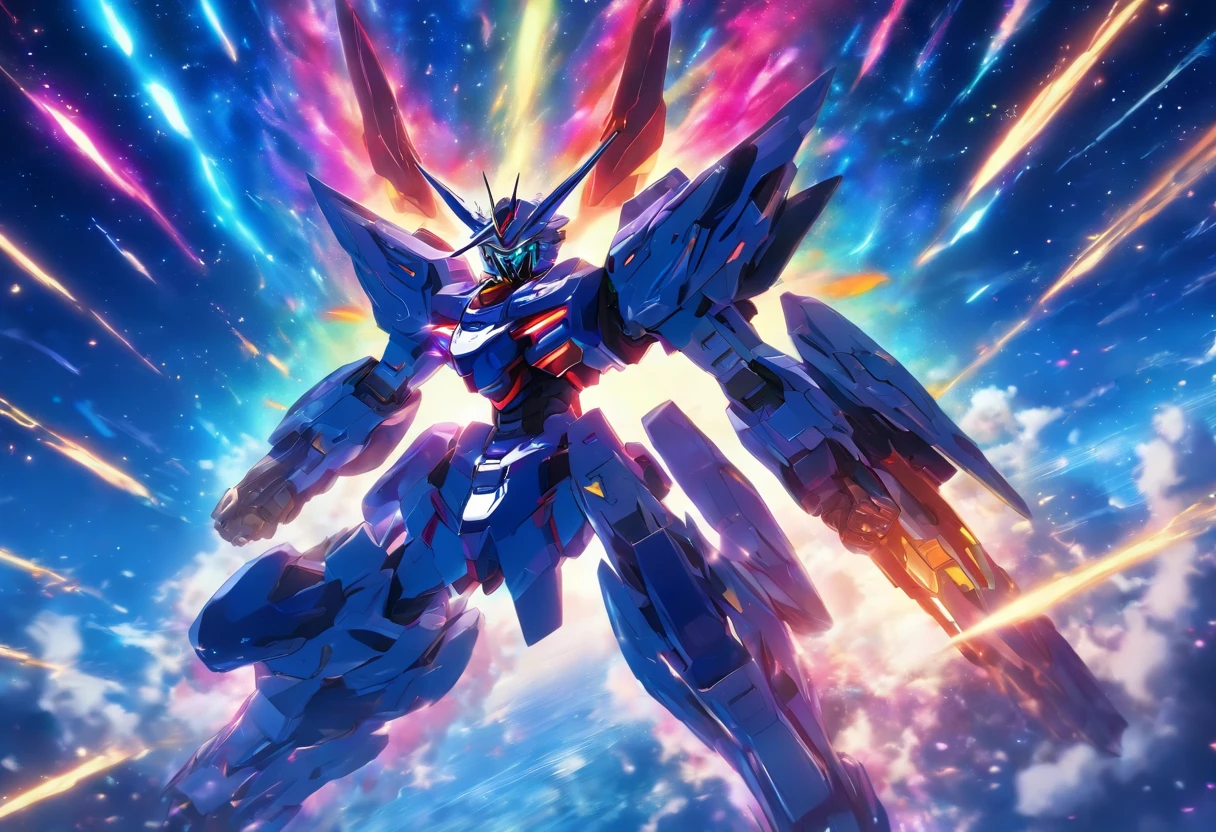 (High detail, Vibrant color), (Best quality, 4K, a high-resolution), a mecha warrior from the future sprints under the starry sky, leaving a vibrant trail in the starry night scene The symbolic significance of infinite energy and infinite potential Energy movement and dynamic composition, dreamy atmosphere, dazzling effects, and glowing light stripes The dramatic contrast between strong emotions and a frenzied sprint, the dark sky, and vivid light trajectories Cinematic, epic shots