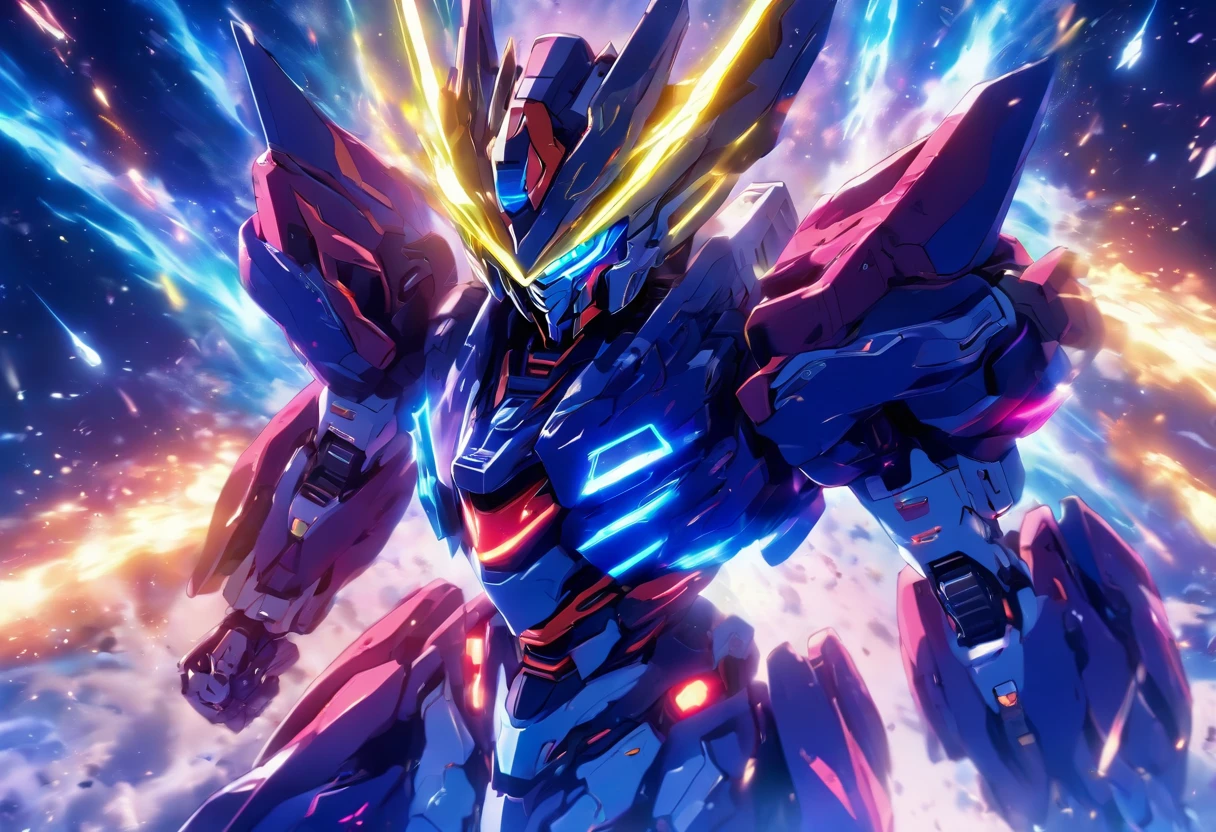 (High detail, Vibrant color), (Best quality, 4K, a high-resolution), a mecha warrior from the future sprints under the starry sky, leaving a vibrant trail in the starry night scene The symbolic significance of infinite energy and infinite potential Energy movement and dynamic composition, dreamy atmosphere, dazzling effects, and glowing light stripes The dramatic contrast between strong emotions and a frenzied sprint, the dark sky, and vivid light trajectories Cinematic, epic shots