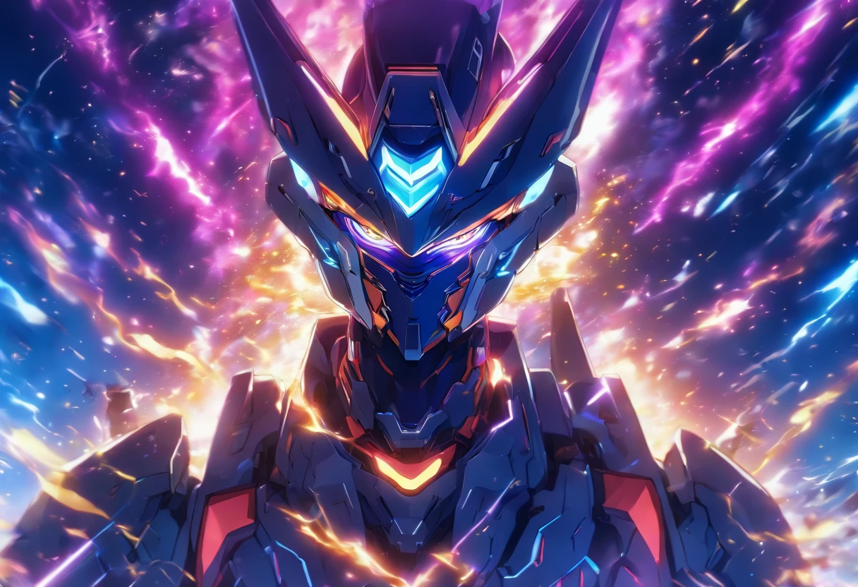 (High detail, Vibrant color), (Best quality, 4K, a high-resolution), a mecha warrior from the future sprints under the starry sky, leaving a vibrant trail in the starry night scene The symbolic significance of infinite energy and infinite potential Energy movement and dynamic composition, dreamy atmosphere, dazzling effects, and glowing light stripes The dramatic contrast between strong emotions and a frenzied sprint, the dark sky, and vivid light trajectories Cinematic, epic shots