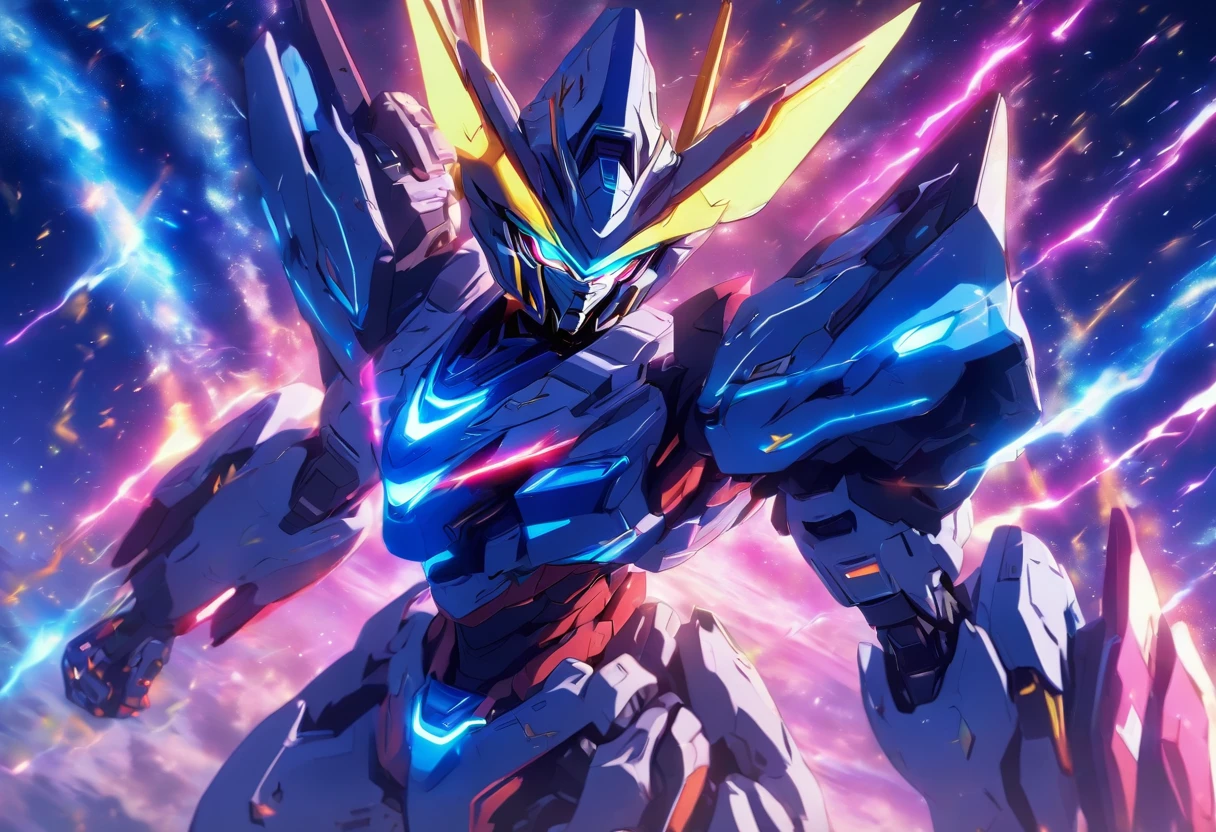 (High detail, Vibrant color), (Best quality, 4K, a high-resolution), a mecha warrior from the future sprints under the starry sky, leaving a vibrant trail in the starry night scene The symbolic significance of infinite energy and infinite potential Energy movement and dynamic composition, dreamy atmosphere, dazzling effects, and glowing light stripes The dramatic contrast between strong emotions and a frenzied sprint, the dark sky, and vivid light trajectories Cinematic, epic shots