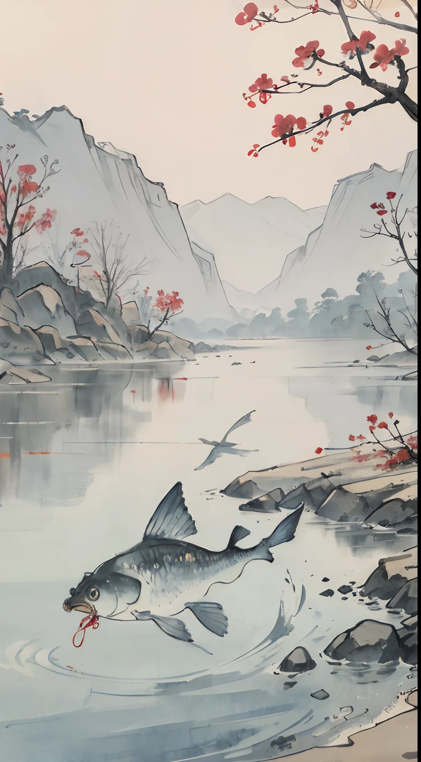 "(picture quality is high+1.5)Two carp,Jump out of the water,k hd,The landscape and fish are relatively small,Chinese landscape,Traditional Chinese watercolor,Traditional Chinese painting,China ink painting,peaceful scenery。"