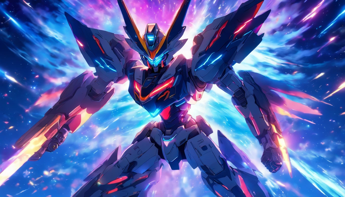 (High detail, Vibrant color), (Best quality, 4K, a high-resolution), a mecha warrior from the future sprints under the starry sky, leaving a vibrant trail in the starry night scene The symbolic significance of infinite energy and infinite potential Energy movement and dynamic composition, dreamy atmosphere, dazzling effects, and glowing light stripes The dramatic contrast between strong emotions and a frenzied sprint, the dark sky, and vivid light trajectories Cinematic, epic shots