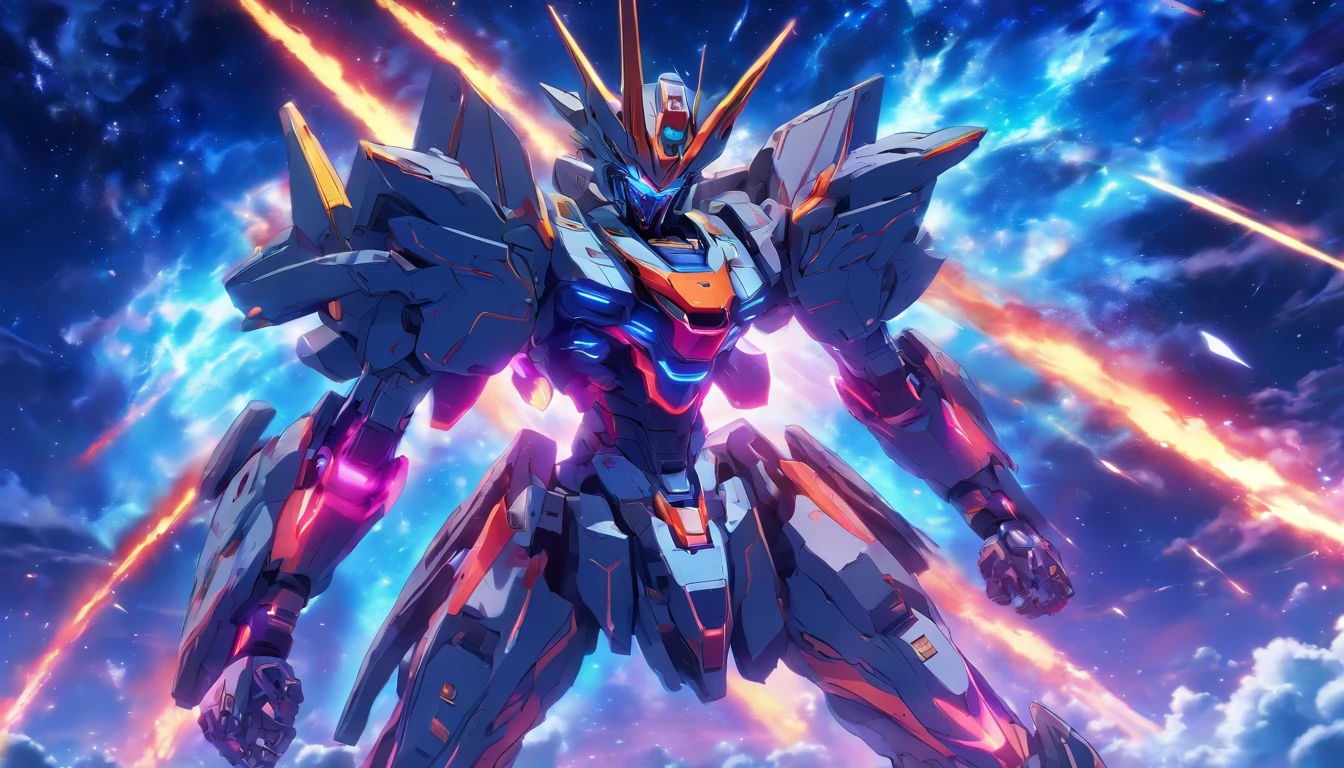 (High detail, Vibrant color), (Best quality, 4K, a high-resolution), a mecha warrior from the future sprints under the starry sky, leaving a vibrant trail in the starry night scene The symbolic significance of infinite energy and infinite potential Energy movement and dynamic composition, dreamy atmosphere, dazzling effects, and glowing light stripes The dramatic contrast between strong emotions and a frenzied sprint, the dark sky, and vivid light trajectories Cinematic, epic shots