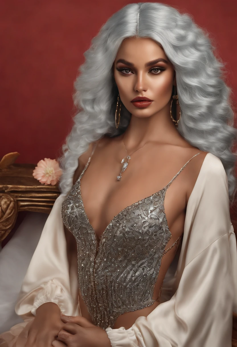 ((qualidade superior、8k、obra prima:1.3))、（vaqueira）、（）、imagem de uma mulher latina,pele bronzeada e texturizada com sardas,sobrancelhas grossas,cabelo longo e castanho claro,deitada no meio do deserto utilizando tinta vermelha,bucket da gucci, com suas lindas pernas longas brilhosas cruzadas,loRA,3d ultra realist graphics、foco nítido:1.2、Cabelo do sujeito、O olho、Bocas、By emphasizing action、pleasing to the eye、It's a thought-provoking composition。Seios colossais，White fluid is visible from the udder，deitado na cama，Milk flows from the udder，Nipple areola exposure,, cabelos longos, cabelos brancos, vestido de branco, Com um rosto leve。