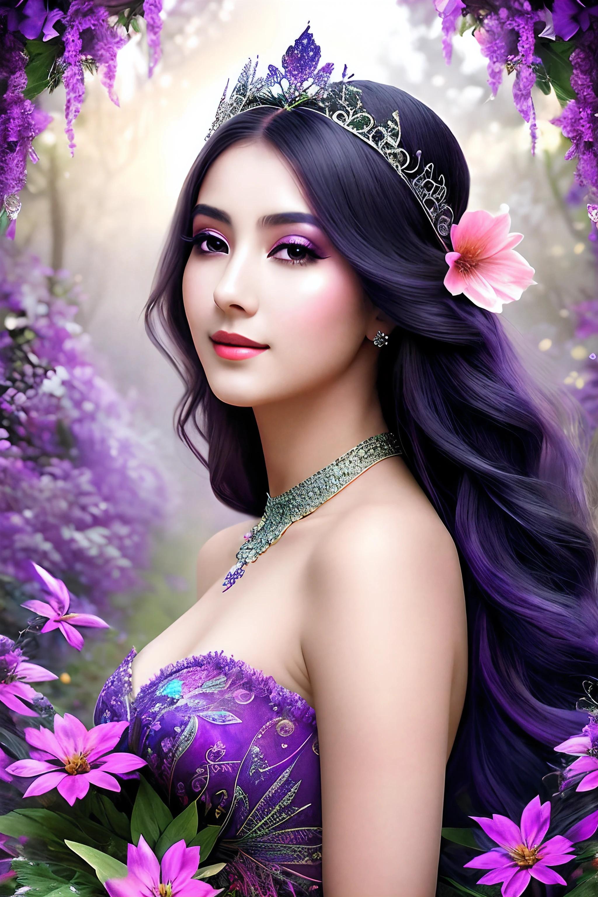 Mystical Elegance: The Enchantress of Ethereal Dreams
In a world draped in ethereal mist, a figure emerges, donned in a crown of blooming purples and vibrant blues. Her face, intricately adorned with jewels and shimmering paint, becomes a canvas telling tales of ancient magic and forgotten lore. Butterflies, enchanted by her aura, flit and dance, making her seem like the very spirit of nature's dreams. Each blink of her eyes might just be the flutter of a butterfly's wing, each whisper a rustle of leaves in the wind, masterpiece quality, HD resolution