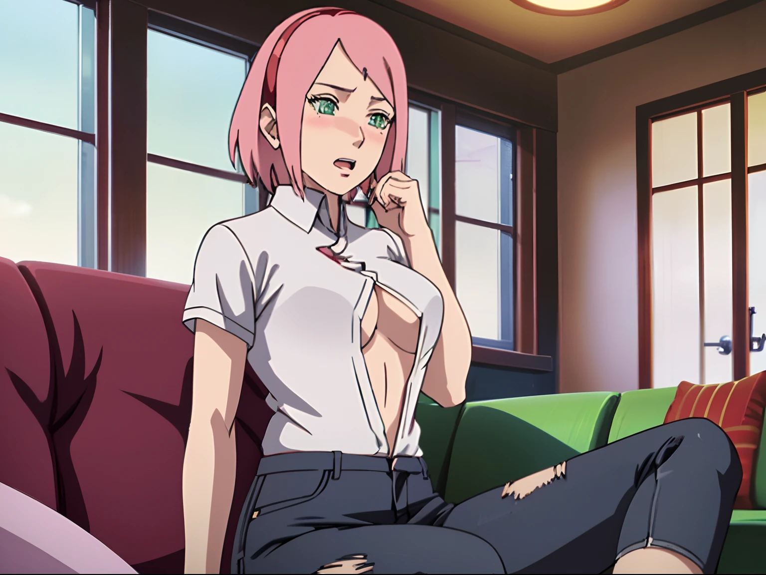 1 rapariga,Sexy body,Perfect body,Very tight clothes,Shows a lot of skins,Sexy Wear,,,Stand in the room,Sakura Haruno,red hairband, Evening ((White shirt)),Black jeans,Hot, Big breasts, Front view, Sitting, Bedroom, sitting in the couch,((Unbuttoning a shirt)) Open her shirt, Hands on shirt buttons,Be red in the face,Blush 1.5,Show off your thighs,short detailed hair,Legs up,astonishment,Open-mouthed