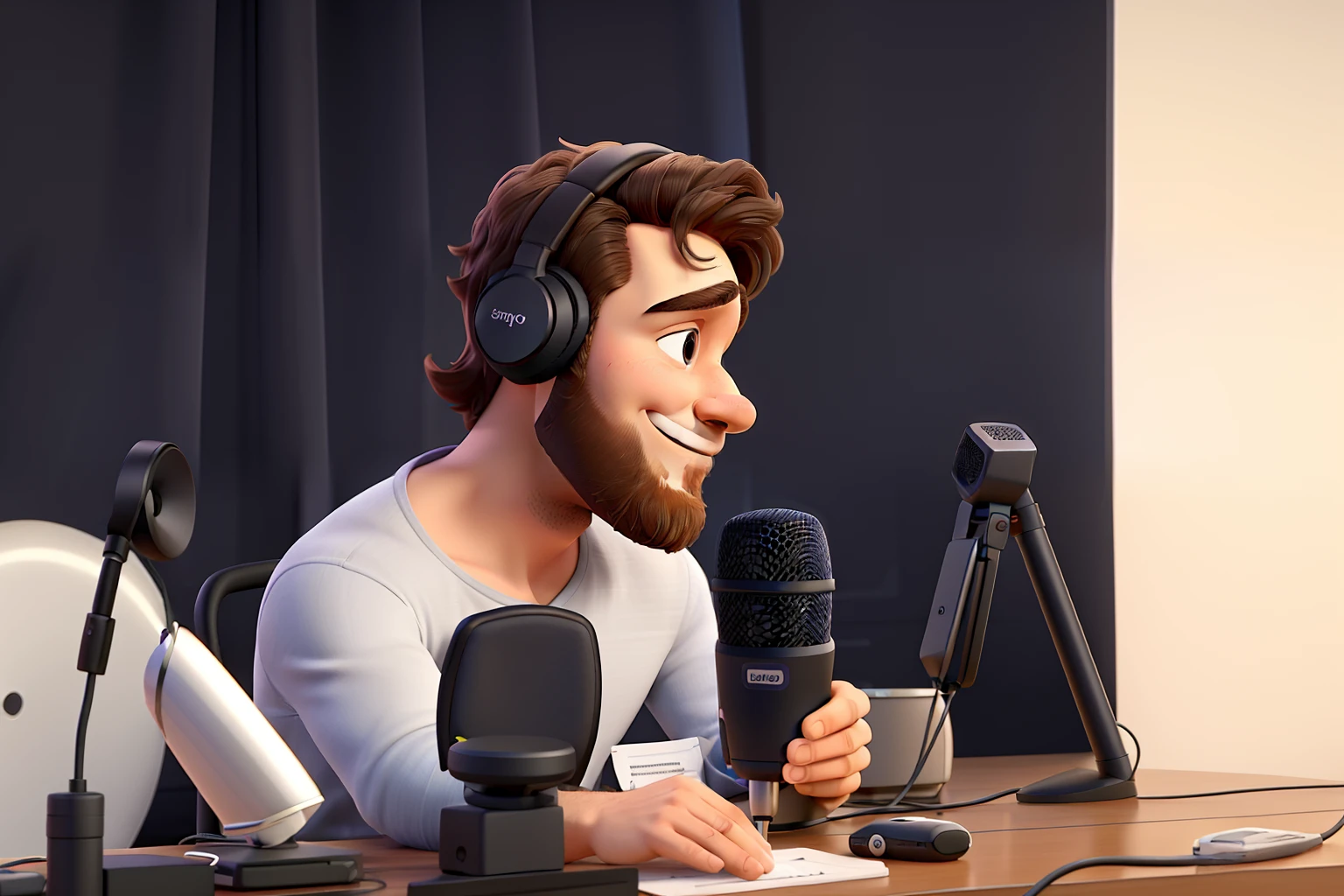 A imagem mostra um homem branco com barba, camisa branca, usando fones de ouvido e sorrindo, probably talking or listening to music. He's sitting in front of a microphone, And your arms are stretched out on the table, he's smiling, o que sugere que ele pode estar participando de um podcast, radio program or some kind of audio recording. The man's headphones are placed on his head and he appears to be involved in the activity. The scene conveys a sense of pleasure and focus on the task at hand. estilo Pixar 3D, alta qualidade, melhor qualidade