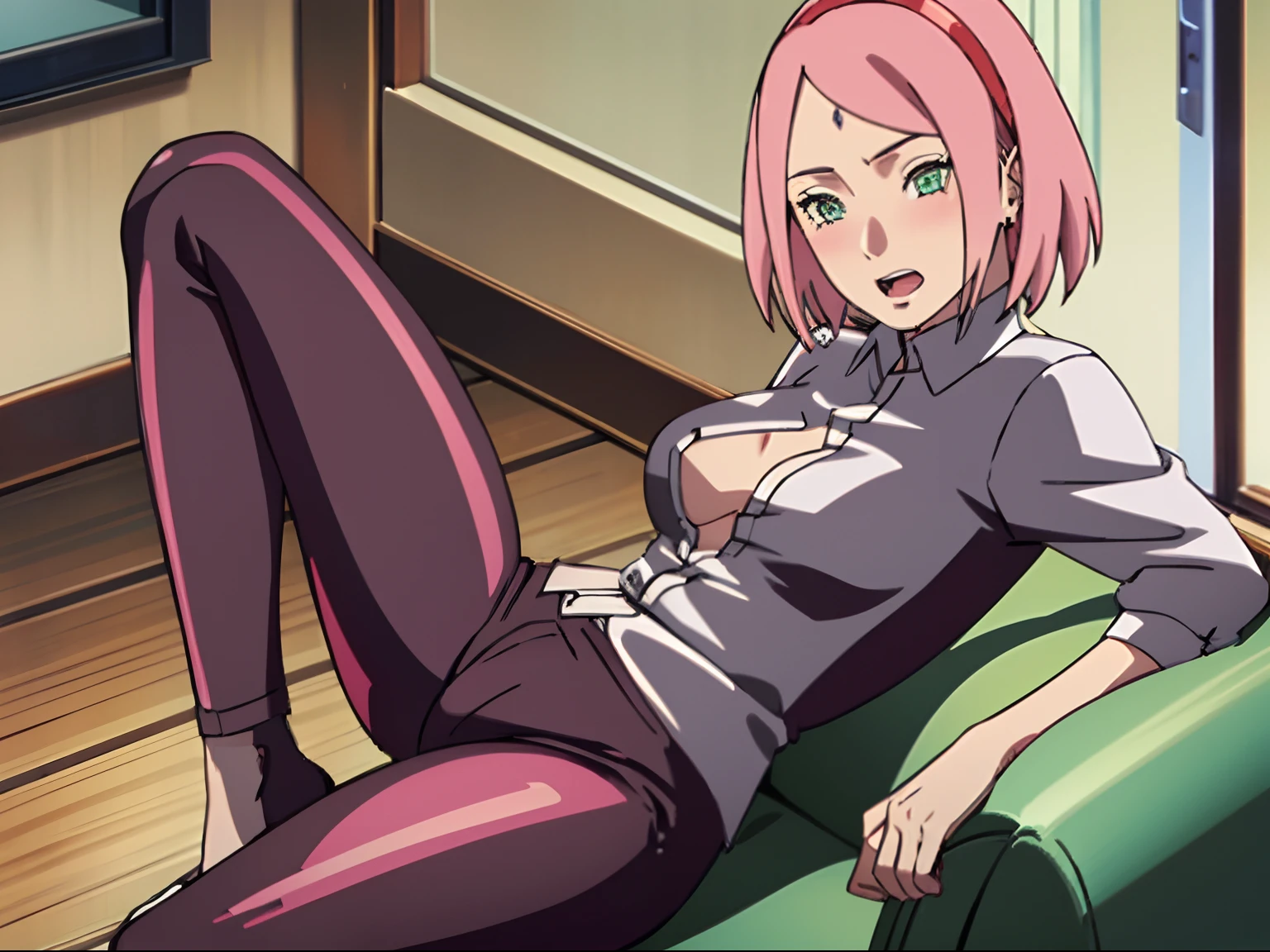 1 rapariga,Sexy body,Perfect body,Very tight clothes,Shows a lot of skins,Sexy Wear,,,Stand in the room,Sakura Haruno,red hairband, Evening ((White shirt)),Black jeans,Hot, Big breasts, Front view, Sitting, Bedroom, sitting in the couch，((Unbuttoning a shirt)) Open her shirt, Hands on shirt buttons，Be red in the face，Blush 1.5，Show off your thighs，short detailed hair，Legs up，astonishment，Open-mouthed