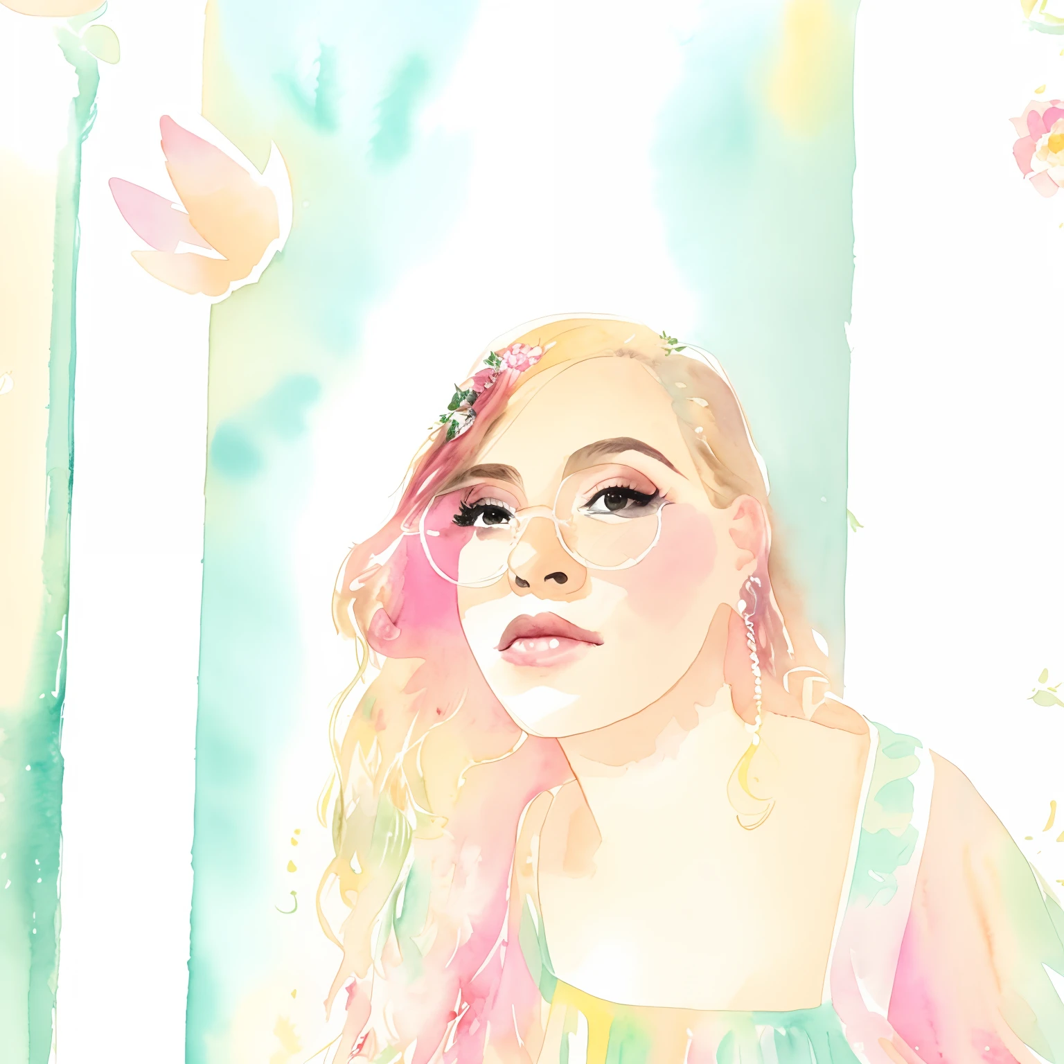 beautiful girl in flowing tiered layered ballgown dress, fairy dress, fairy queen, magical forest background, (glowing fairy wings), glowing flowing ballgown, long wavy hair, sparkling fairy wings, watercolor illustration, flowers and colorful plants, insp...