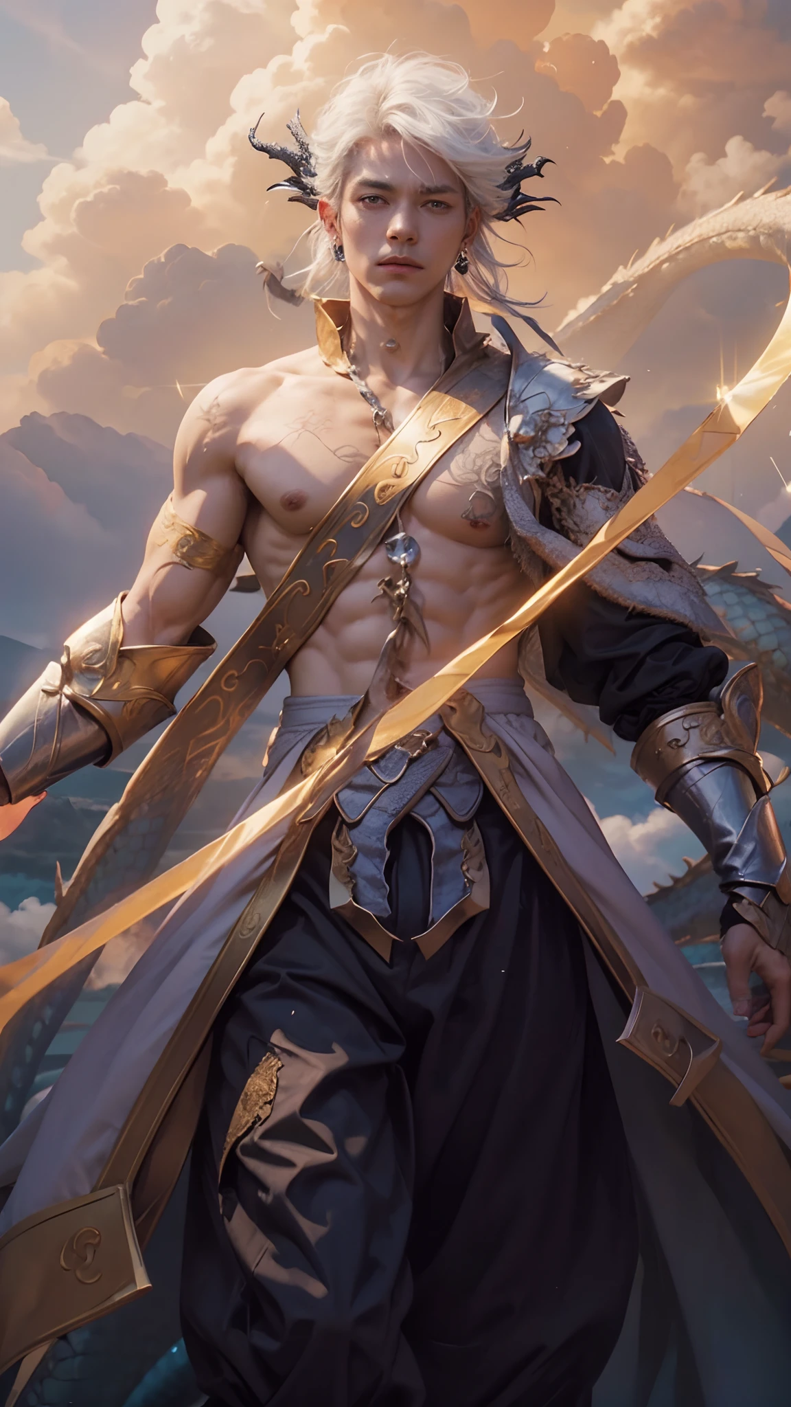 (max resolution: 1.2), (Ultra HDTV: 1.2), 8K resolution, Eye and skin details, detailed facial features, , (Sharp focus: 1.2), (Focus focus) facial expressions: 1.2), 1 Guy, Standing, (Eyes looking straight at viewer, White hair, Wearing earrings, Chest exposed, 6 Pack, (No shirt) Shirtless, Thigh exposed, (( Black briefs )), (((Blue sky, White clouds, Sun, Light, (Dragon)))).