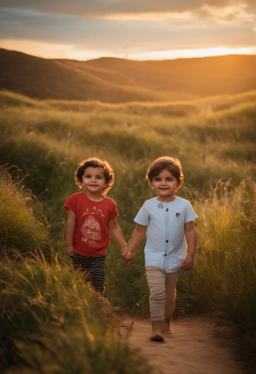 : Miguel, aproximadamente 5 anos de idade, cabelo curto estilo Disney, olhos castanhos e sorrisos. garota: Giovana, 2 anos, longos cabelos pretos e olhos azuis. scenecy: Miguel and Giovana are in a cozy little house in the valley, ao fundo um dia ensolarado, Destacando o Sol.