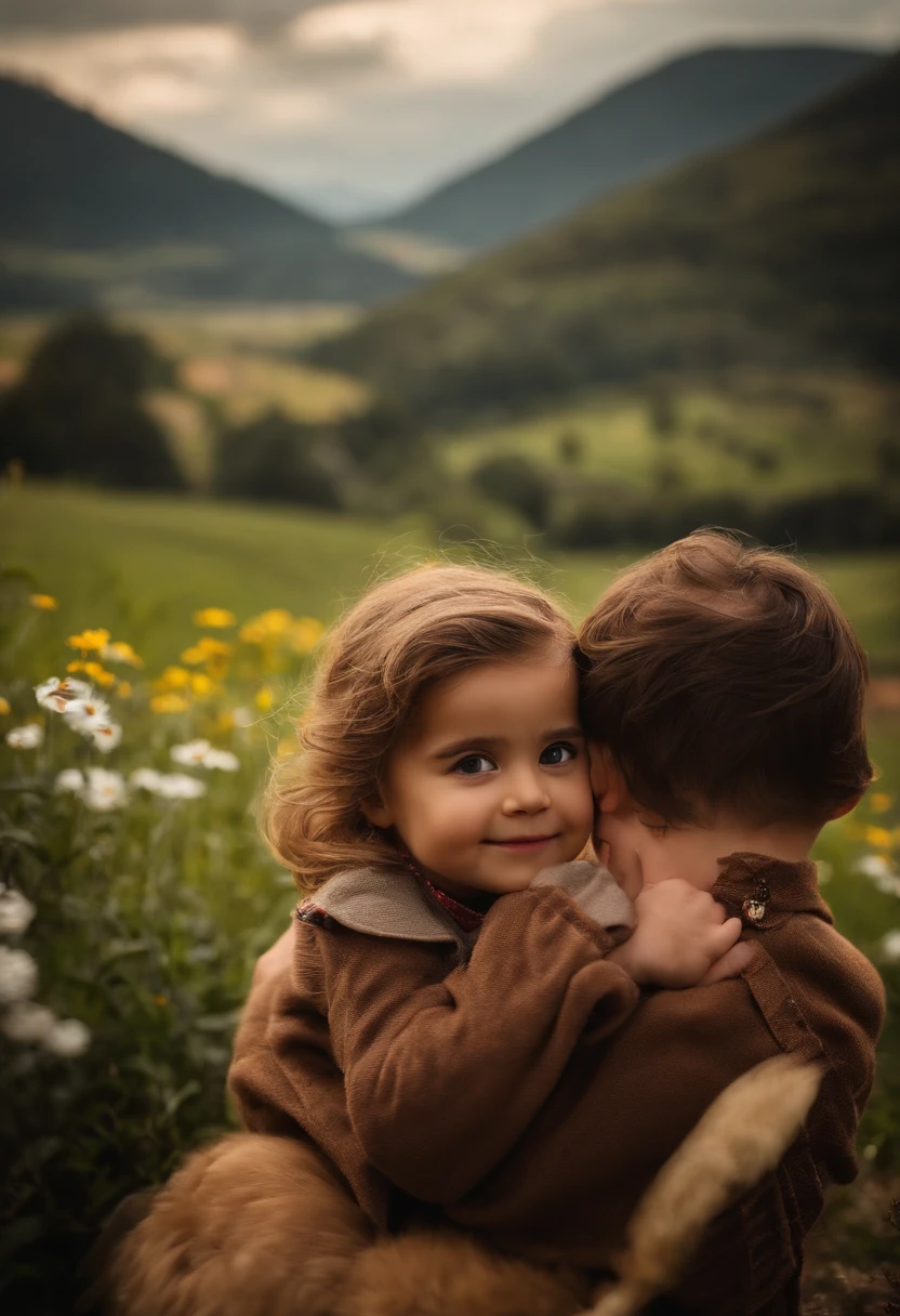 : Miguel, aproximadamente 5 anos de idade, cabelo curto estilo Disney, olhos castanhos e sorrisos. garota: Giovana, 2 anos, longos cabelos pretos e olhos azuis. scenecy: Miguel and Giovana are in a cozy little house in the valley, ao fundo um dia ensolarado, Destacando o Sol.