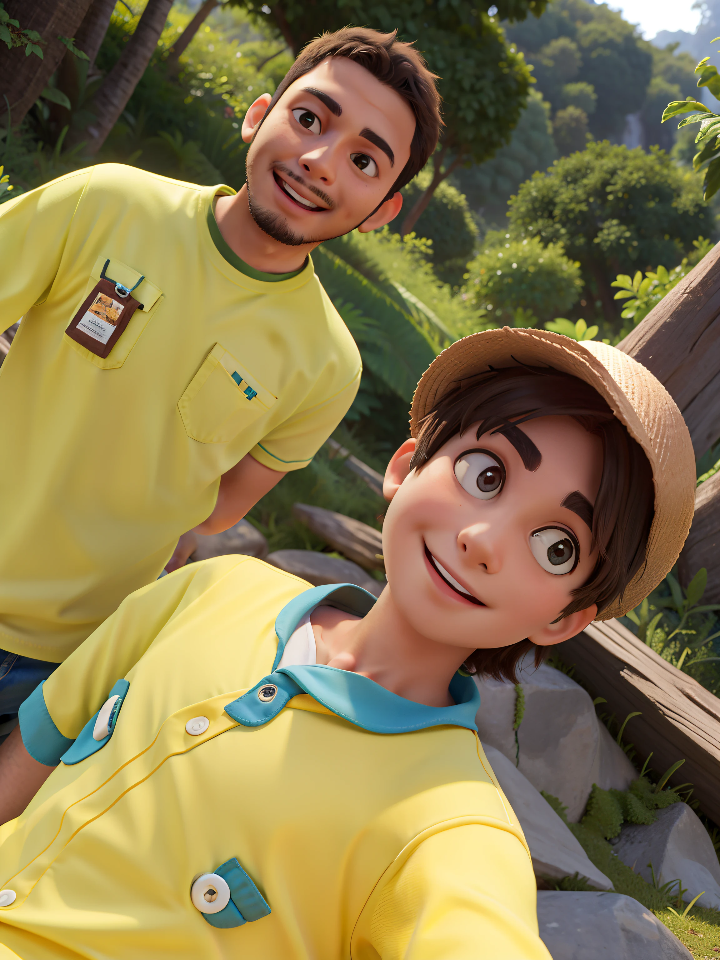Dois amigos tirando foto no meio da natureza