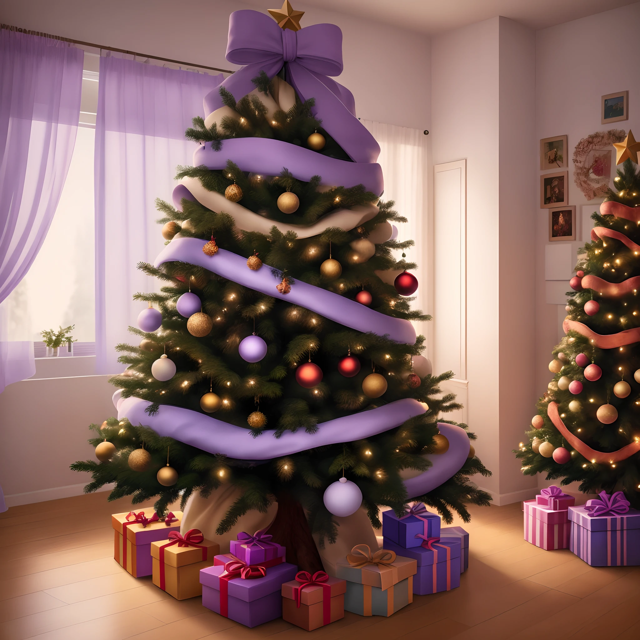a Disney Pixar-style image or poster: mulher de pele clara, brown eyes wearing glasses, cabelo longo castanho liso, Reading Various Books. scenecy: Lilac Color Chart, na sala de estar, next to your bookshelf, Decorated house for Christmas celebration, With tree and gifts