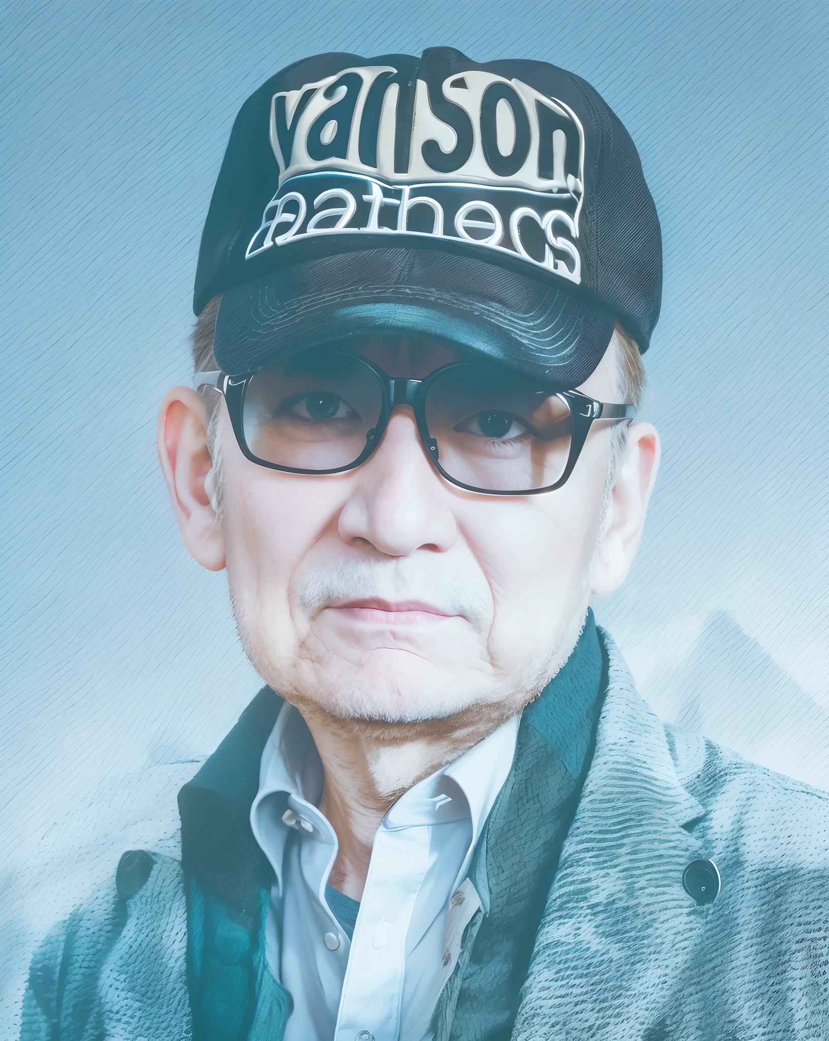 Man wearing brown glasses on the top half of the lens、60-year-old man、wearing a baseball cap、Dark blue socks、No beard、No nose beard、Sideburns are shaved、Photorealsitic、high detal、Gray background、Wear a monochromatic shirt、A monochromatic jersey layered with a collared monochromatic shirt