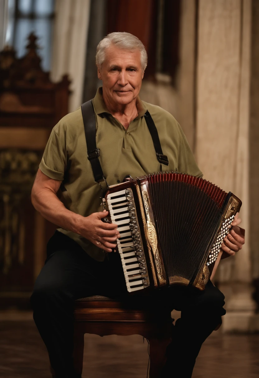 In the foreground, we see a 60-year-old man with impressive muscle mass that reflects the strength accumulated over the decades. His accordion becomes an extension of his body, and with every note he plays, he transmits the wisdom and experience of a life dedicated to music. His skill on the instrument is a testament to years of practice and passion, and his strong, sure hands produce melodies that touch the heart of the listener.
At his side, a 27-year-old young man, with an imposing physical appearance, takes the microphone with a confidence that only youth can bring. His toned muscles are the result of tireless dedication to singing and training. As his voice fills the room, his energy and vitality overflow, combining his natural talent with modern technology to create a unique musical experience.